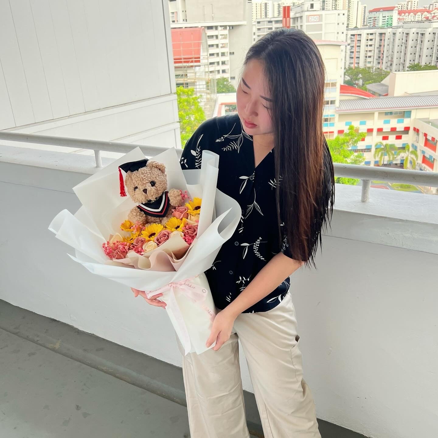 Large Graduation Bear with Soap Sunflower and Roses Bouquet - White