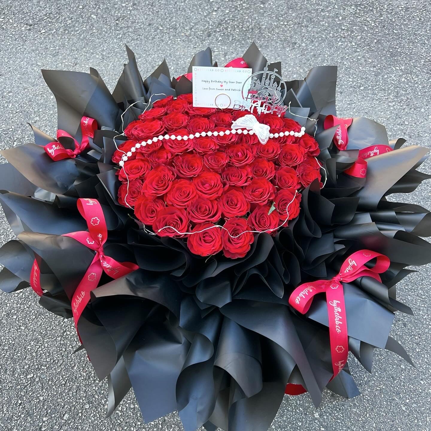 52 Stalks Fresh Red Roses in Black Wispy Spikes Series