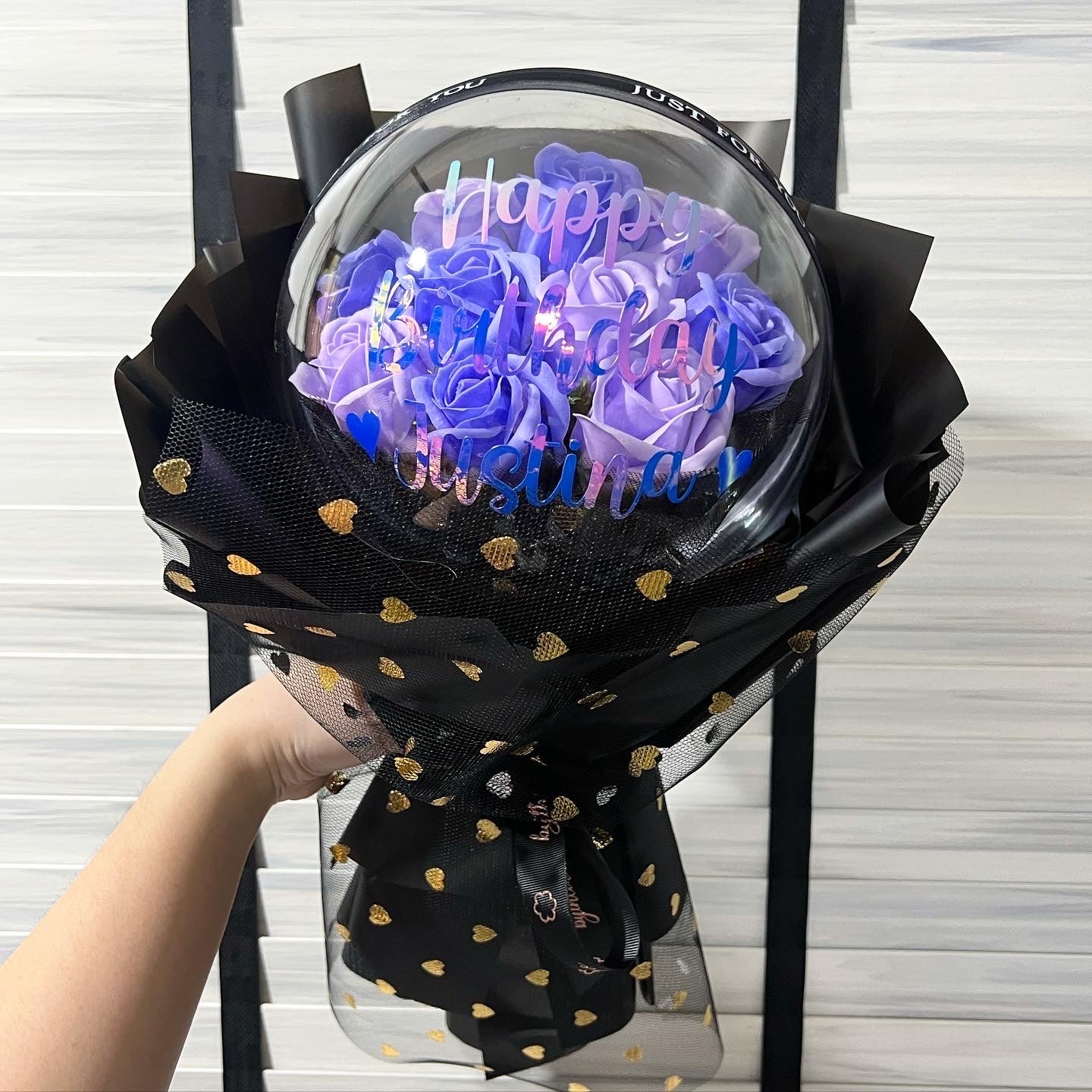 Acrylic Ball Bouquet with 9 Stalks Soap Roses - Black Purple Mix