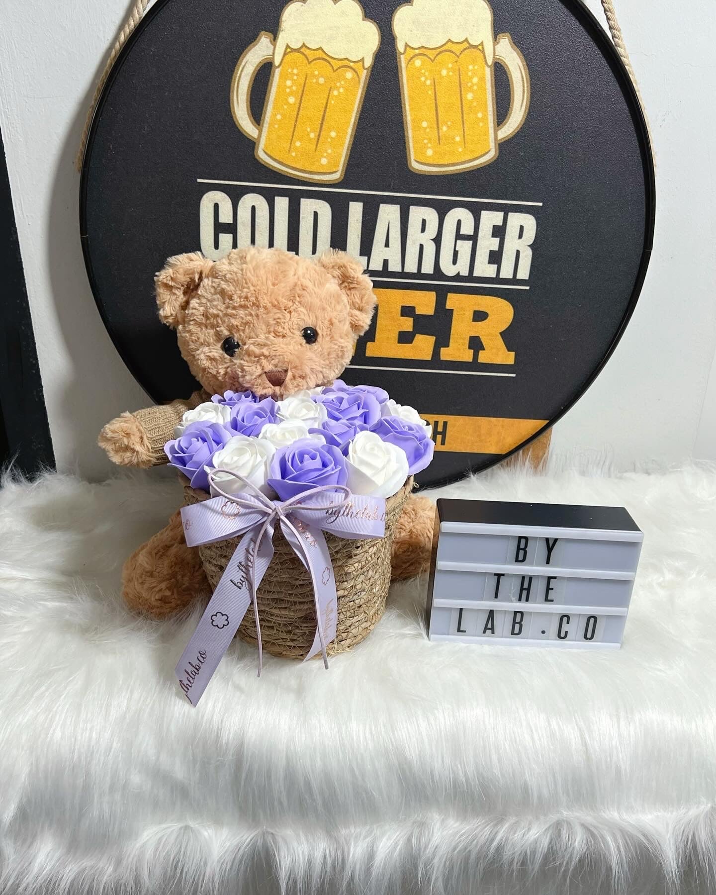 Promo! Medium Teddy Bear in Basket in Heart Soap Roses