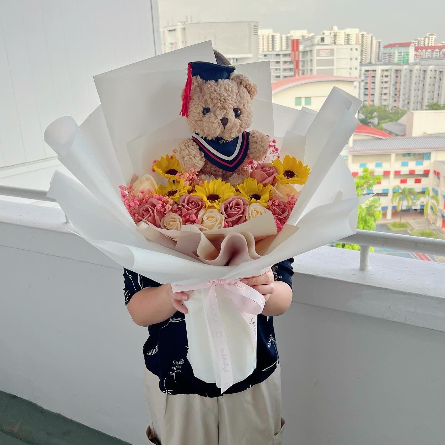 Large Graduation Bear with Soap Sunflower and Roses Bouquet - White