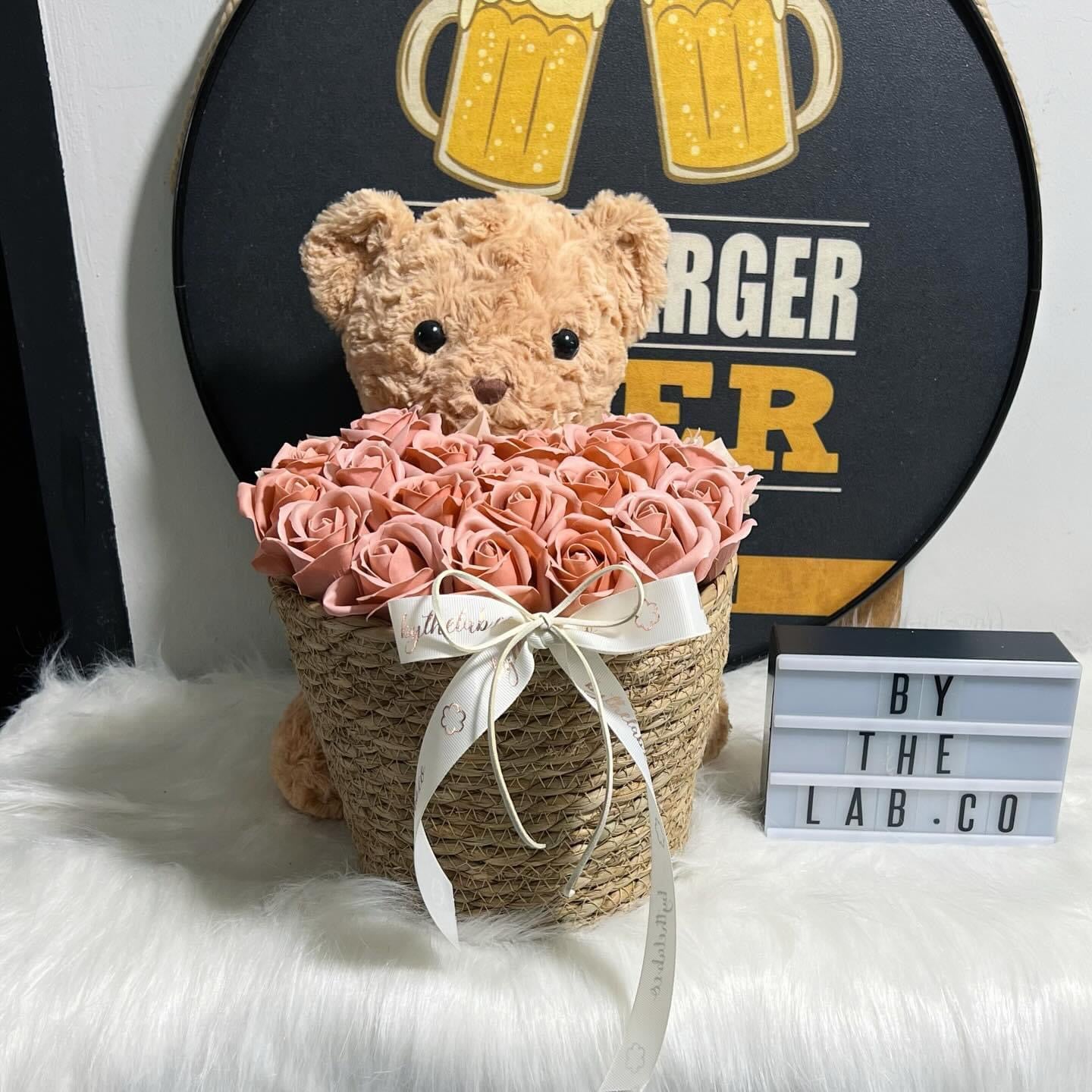 Promo! Large Teddy Bear in Basket in Heart Soap Roses