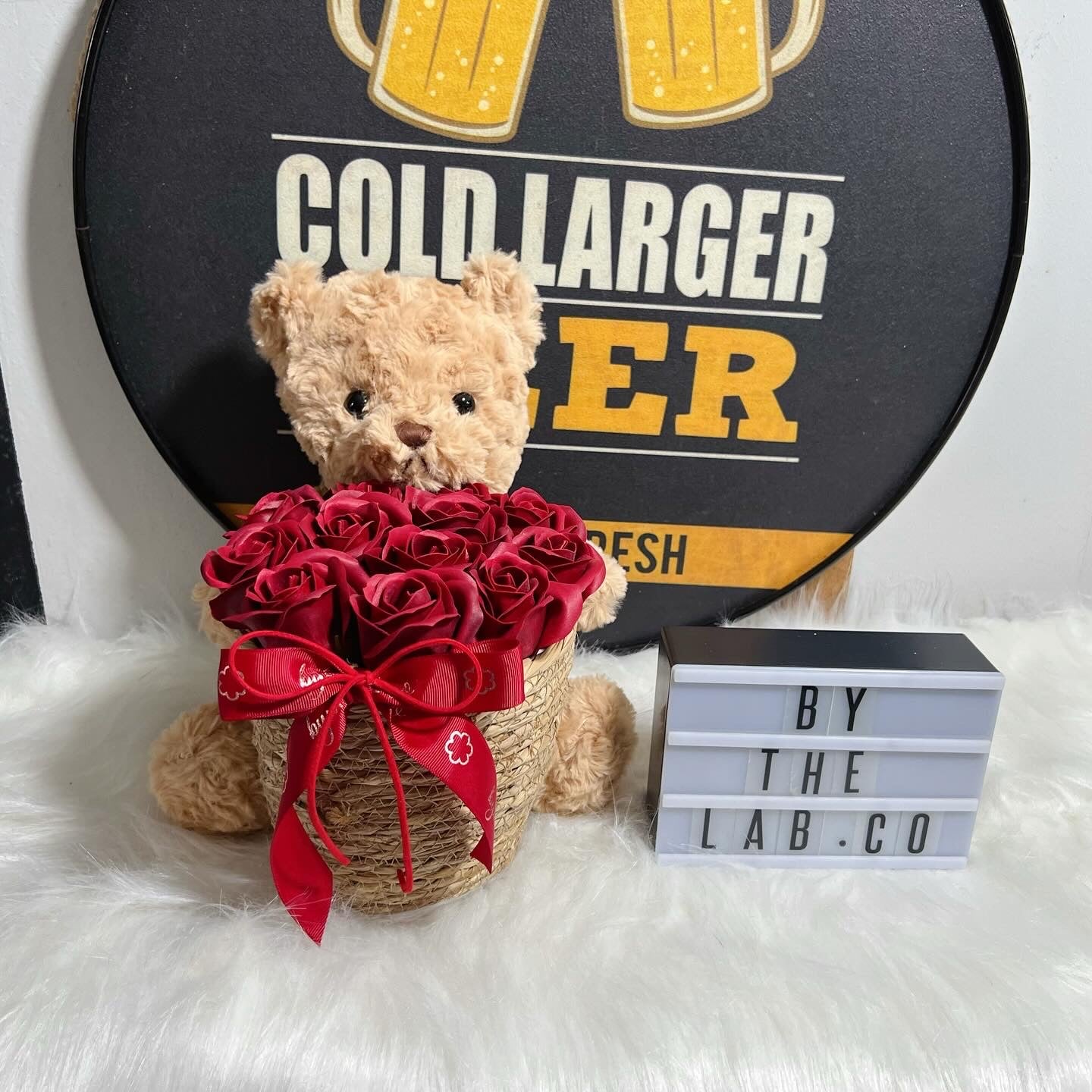 Small Teddy Bear in Basket in Heart Soap Roses