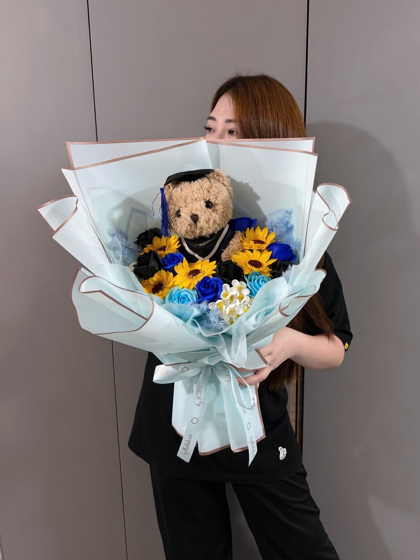 PROMO : Large Graduation Bear with Soap Sunflower and Roses Bouquet - Baby Blue