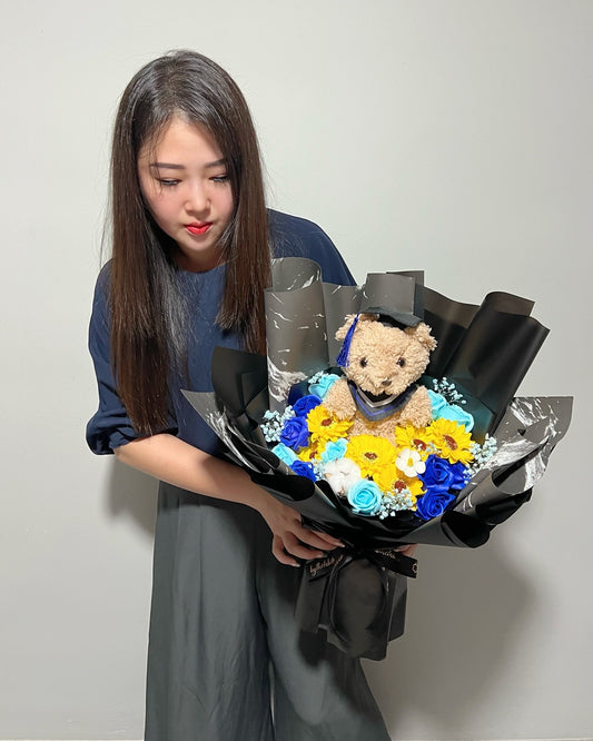 Large Graduation Bear with Soap Sunflower and Roses Bouquet - Marble Blue