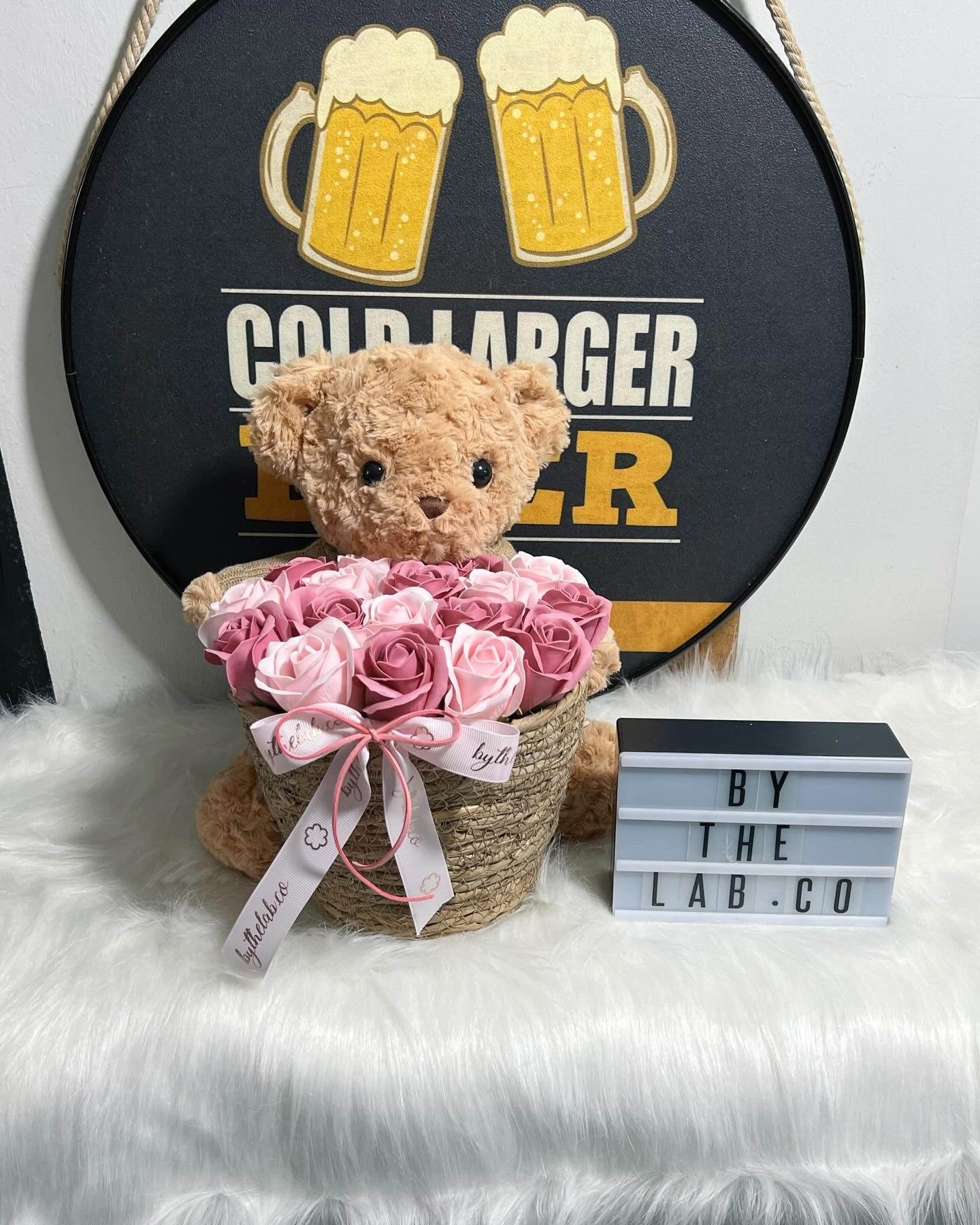 Promo! Medium Teddy Bear in Basket in Heart Soap Roses