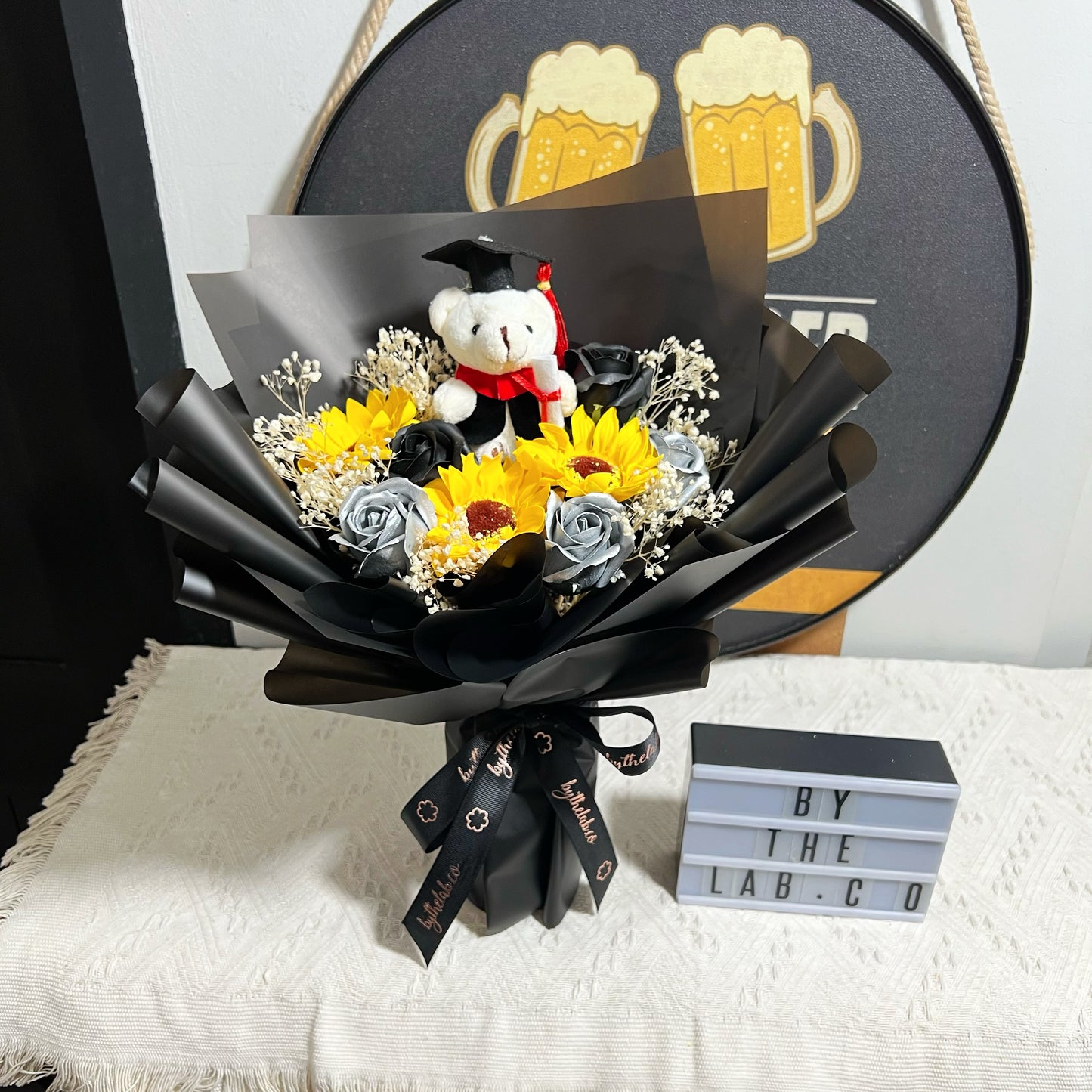 Graduation Bear with Soap Sunflower and Roses Bouquet - Black Silver