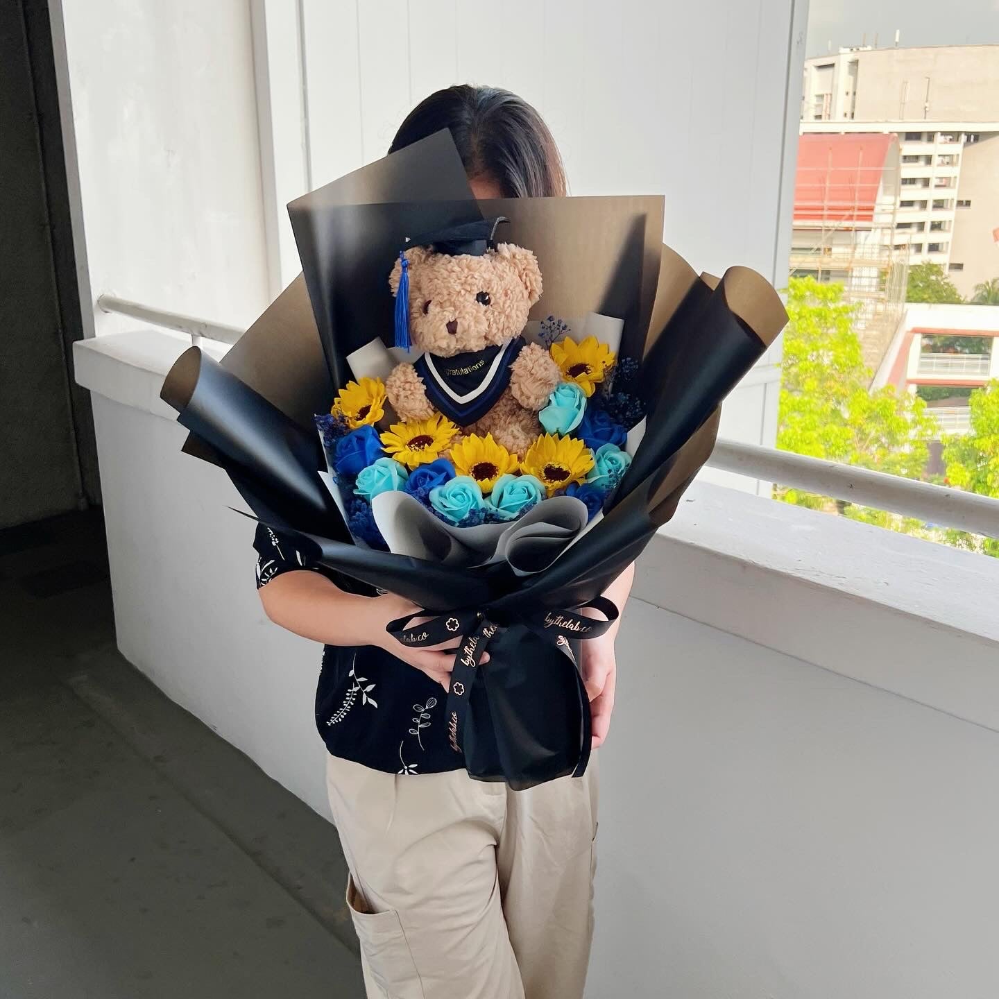 Large Graduation Bear with Soap Sunflower and Roses Bouquet - Black