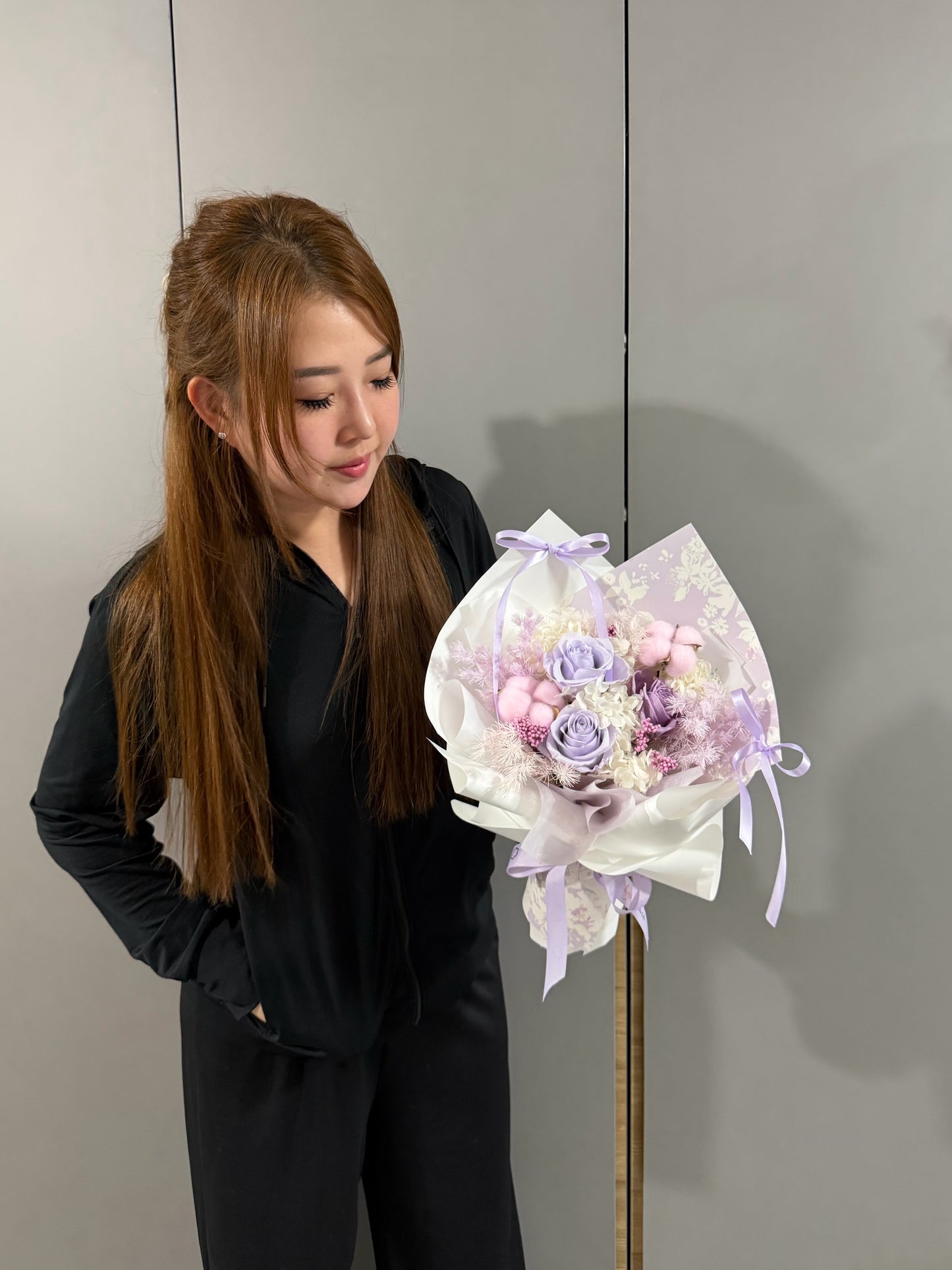 Purple Ribbon Floral - Small Preserved Roses Bouquet
