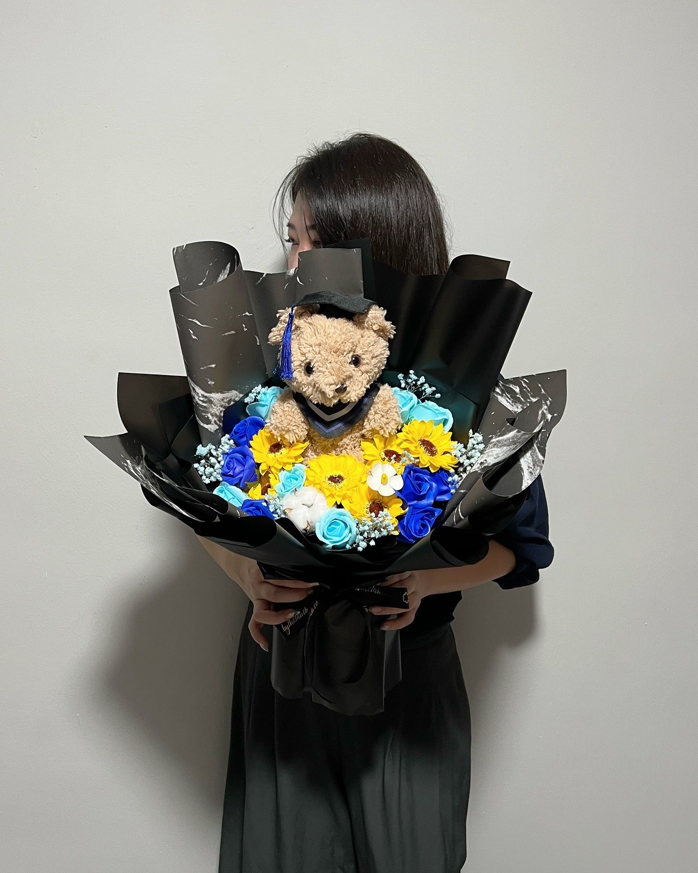 Large Graduation Bear with Soap Sunflower and Roses Bouquet - Marble Blue