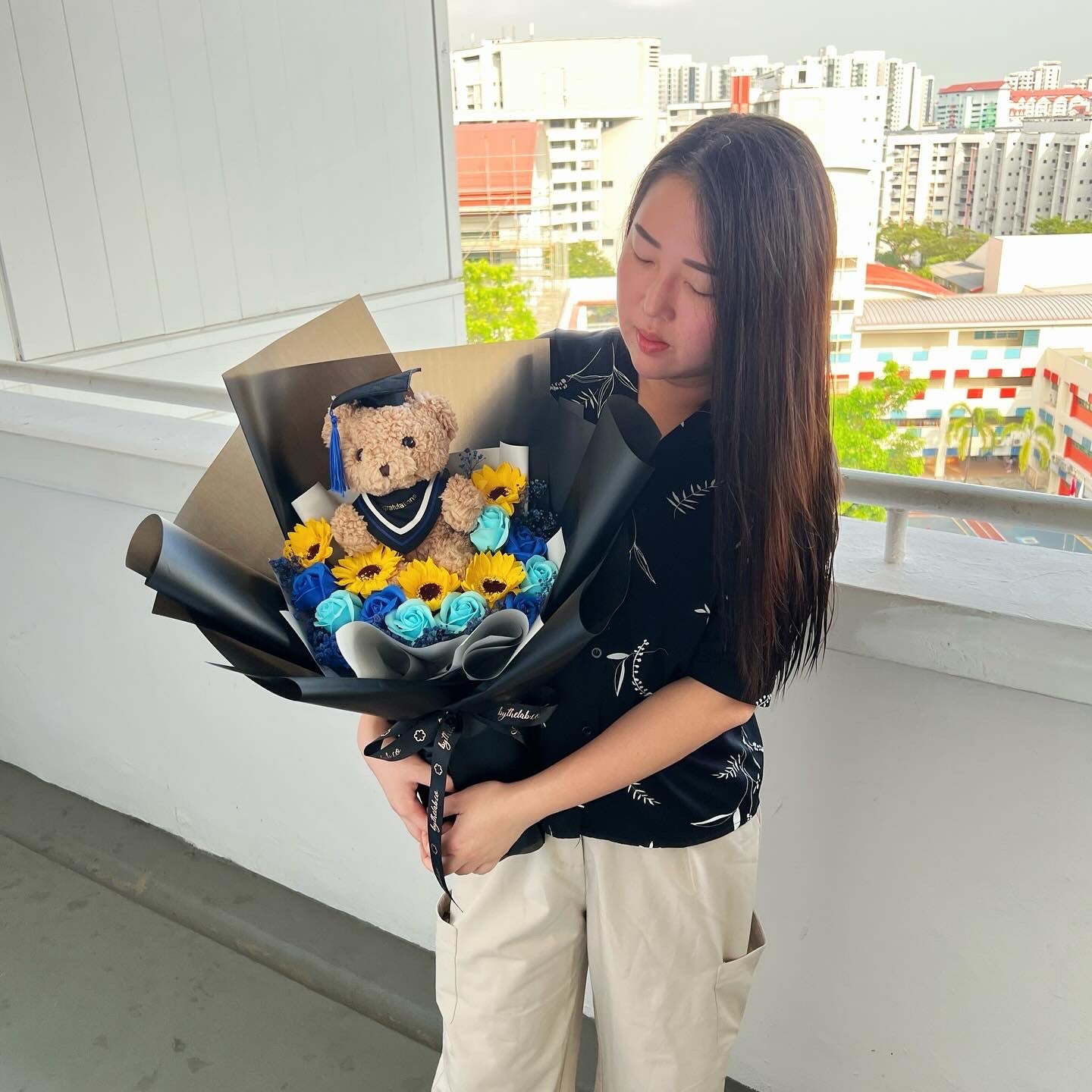 Large Graduation Bear with Soap Sunflower and Roses Bouquet - Black