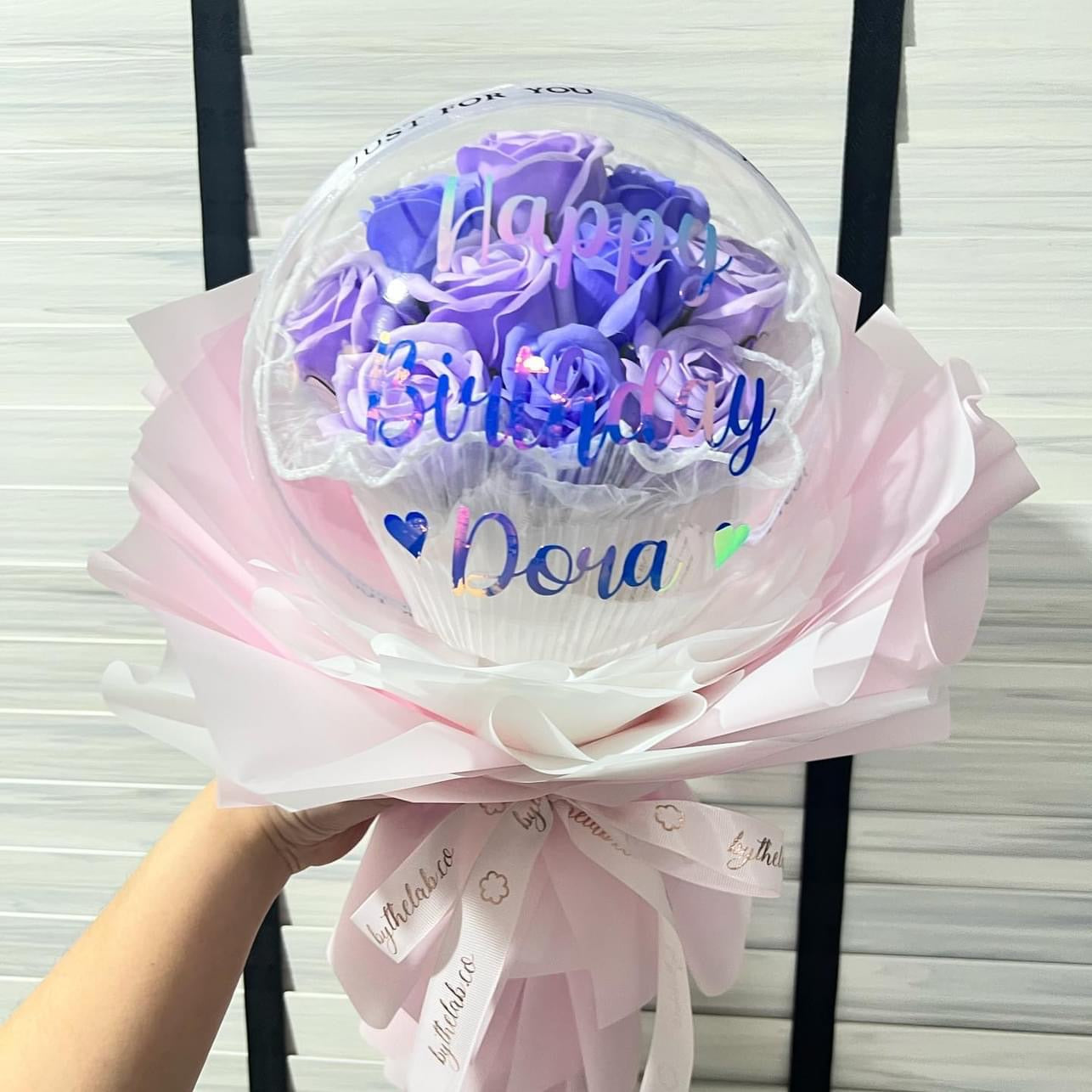 Acrylic Ball Bouquet with 9 Stalks Soap Roses - Light Purple Mix