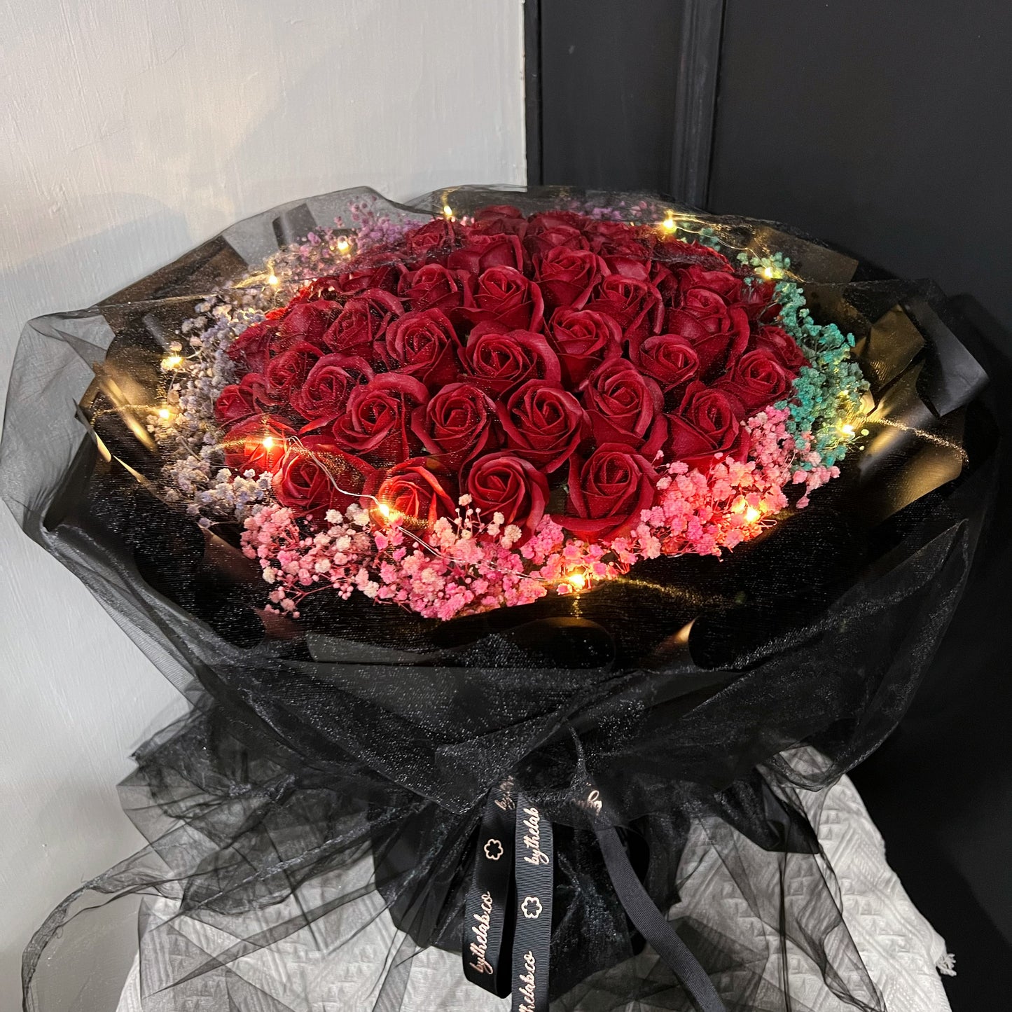52 Stalks Red Soap Roses with Preserved Baby breath in Dreamy black
