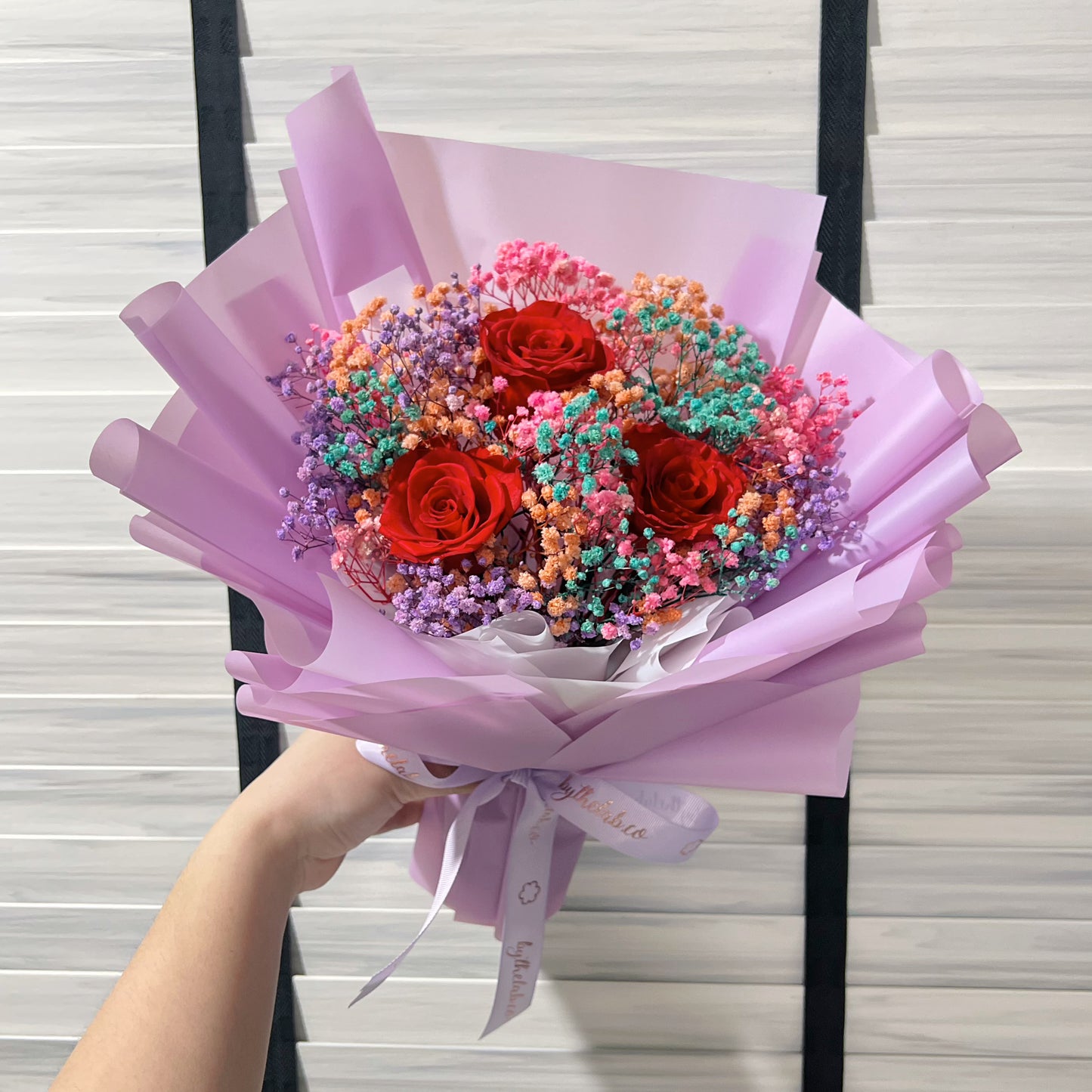 3 Stalks Preserved Roses with Babybreath Bouquet - Red Roses (Purple Wrap)