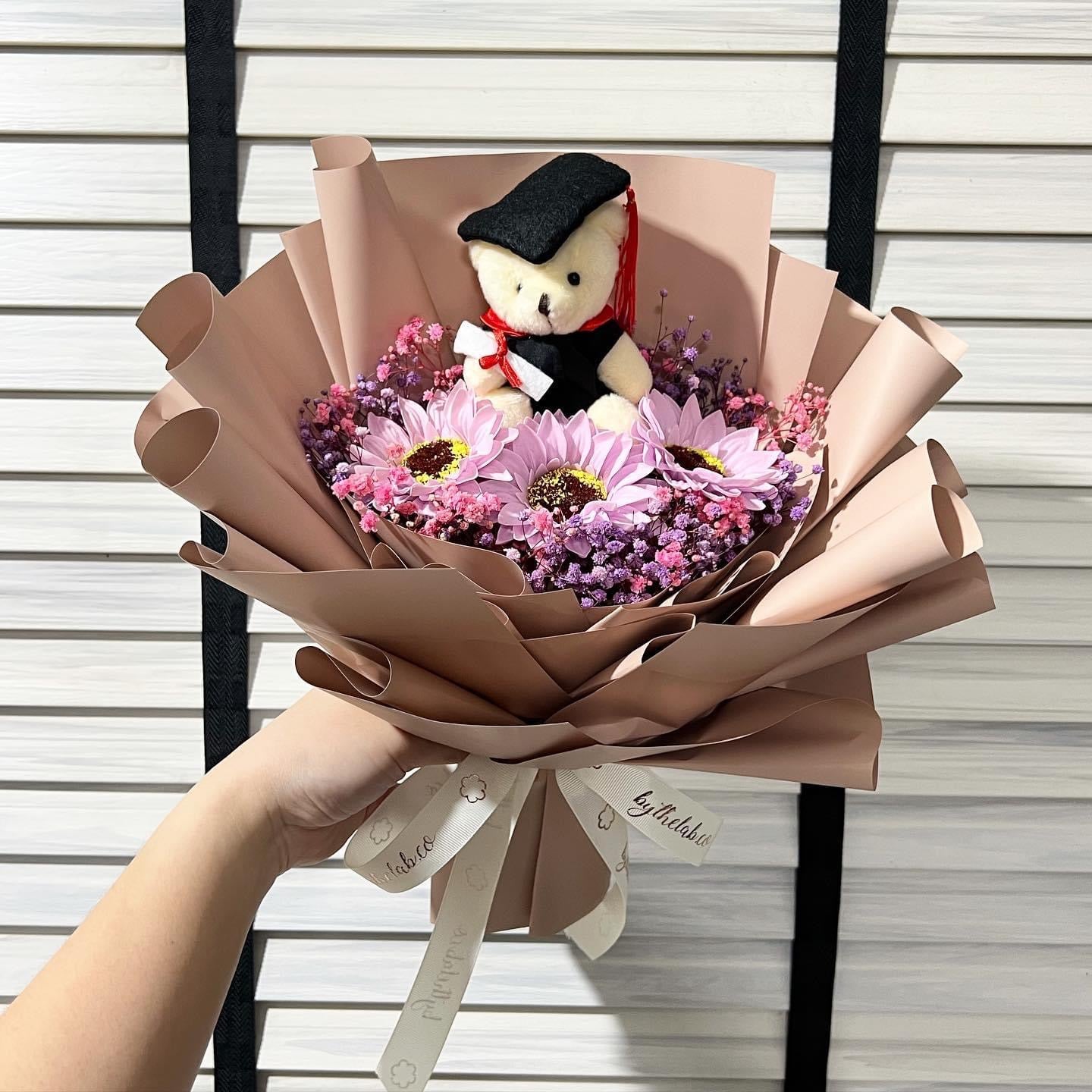 Graduation Bear with 3 Stalks Soap Sunflower and Baby breath Bouquet