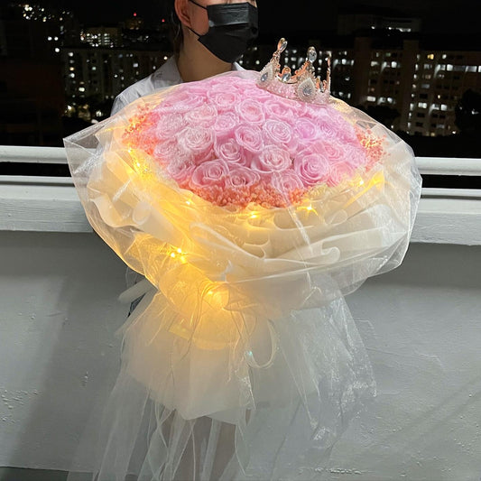 52 Stalks Pink Preserved Roses with Baby breath in Dreamy White