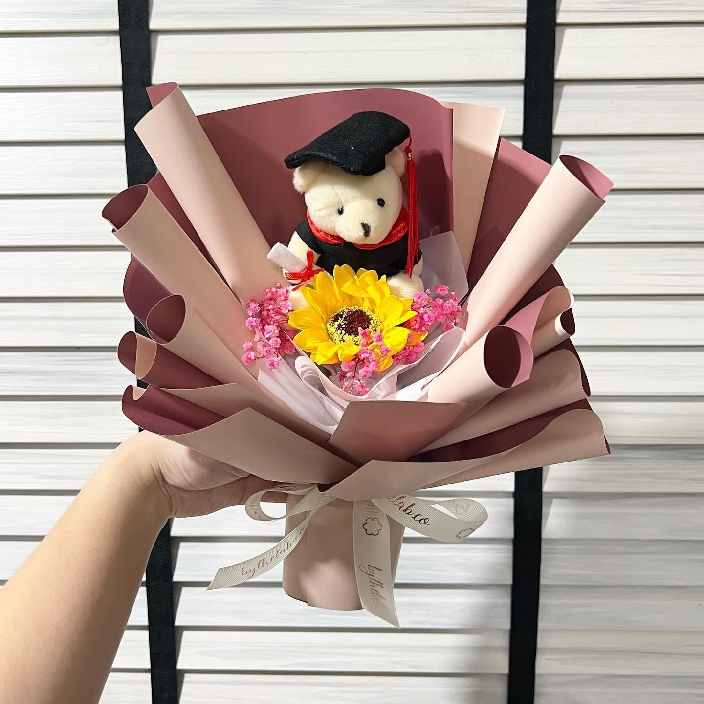 Graduation Bear with Single Stalk Soap Sunflower Bouquet