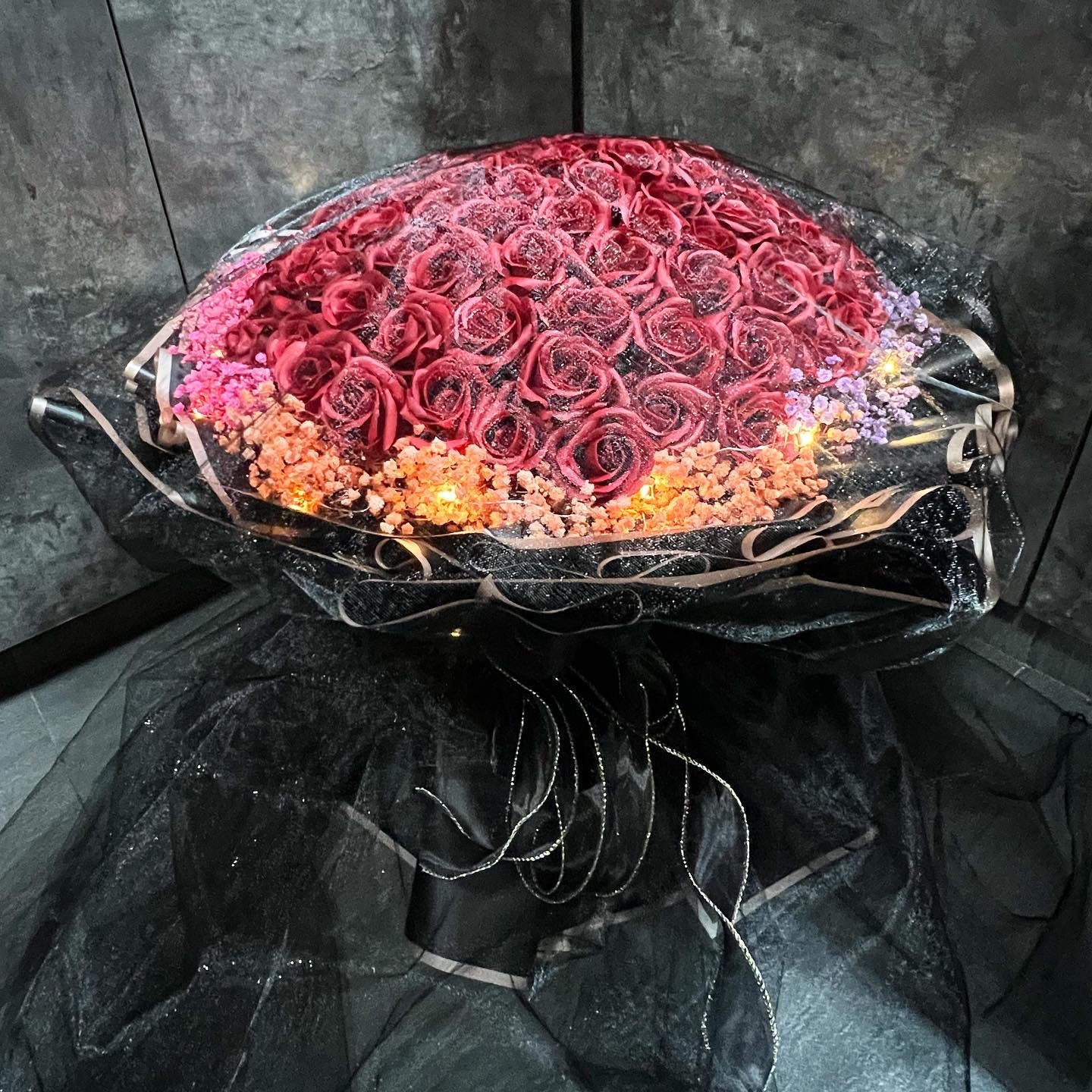 99 Stalks Red Soap Roses with Preserved Babybreath in Dreamy black