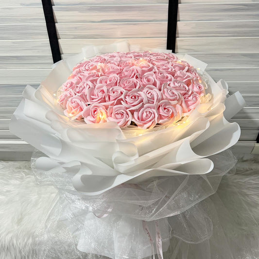 52 Stalks Pink Soap Roses in Dreamy White