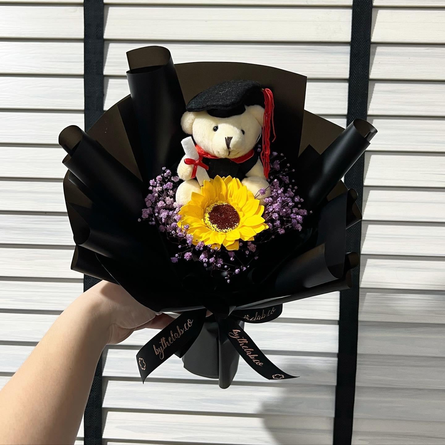 Graduation Bear with Single Stalk Soap Sunflower Bouquet