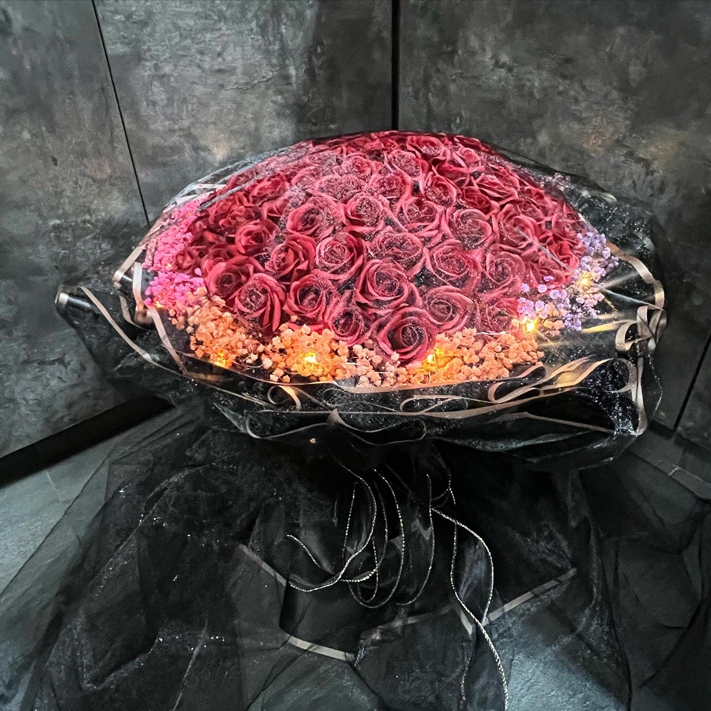 99 Stalks Red Soap Roses with Preserved Babybreath in Dreamy black