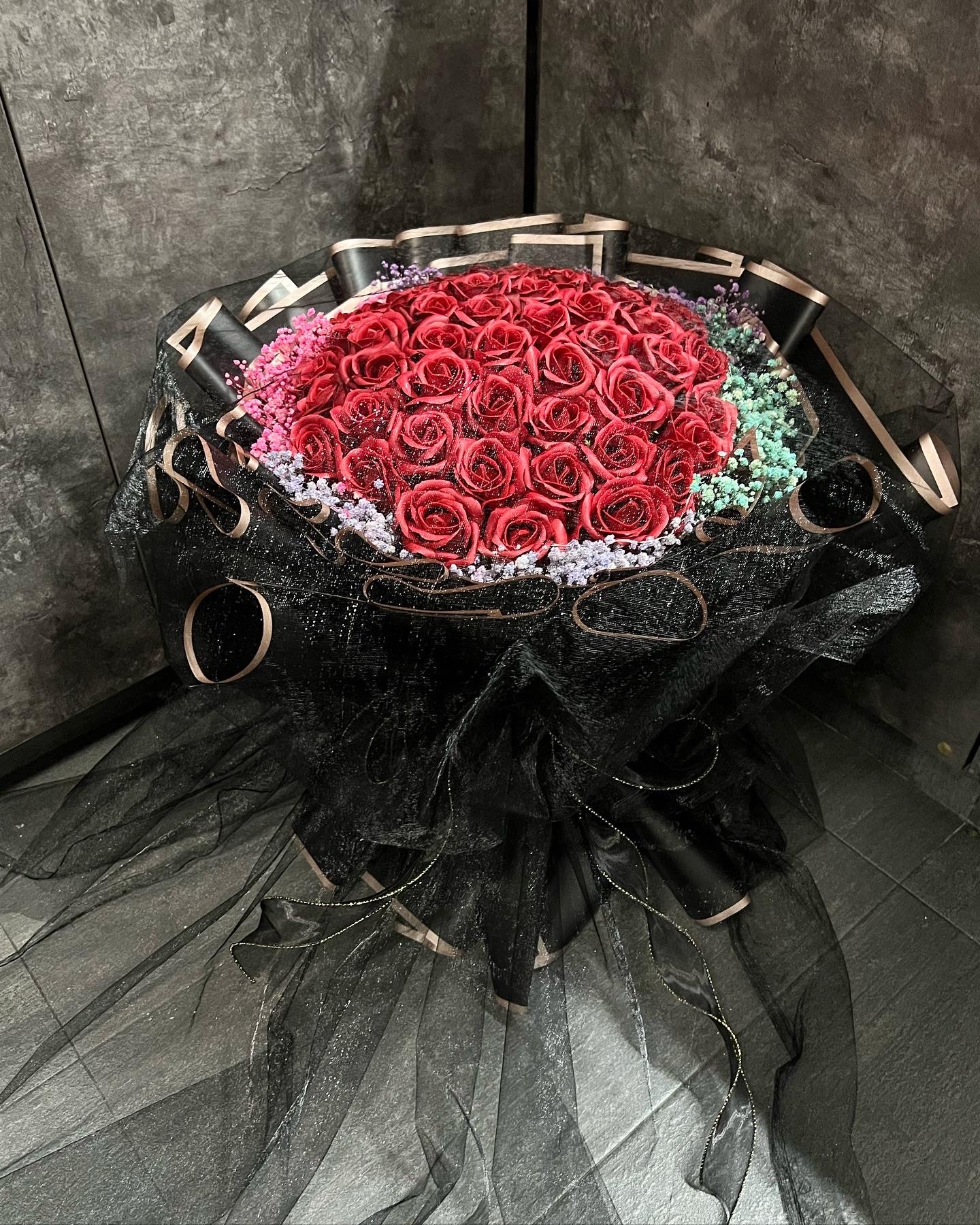 52 Stalks Red Soap Roses with Preserved Baby breath in Dreamy black