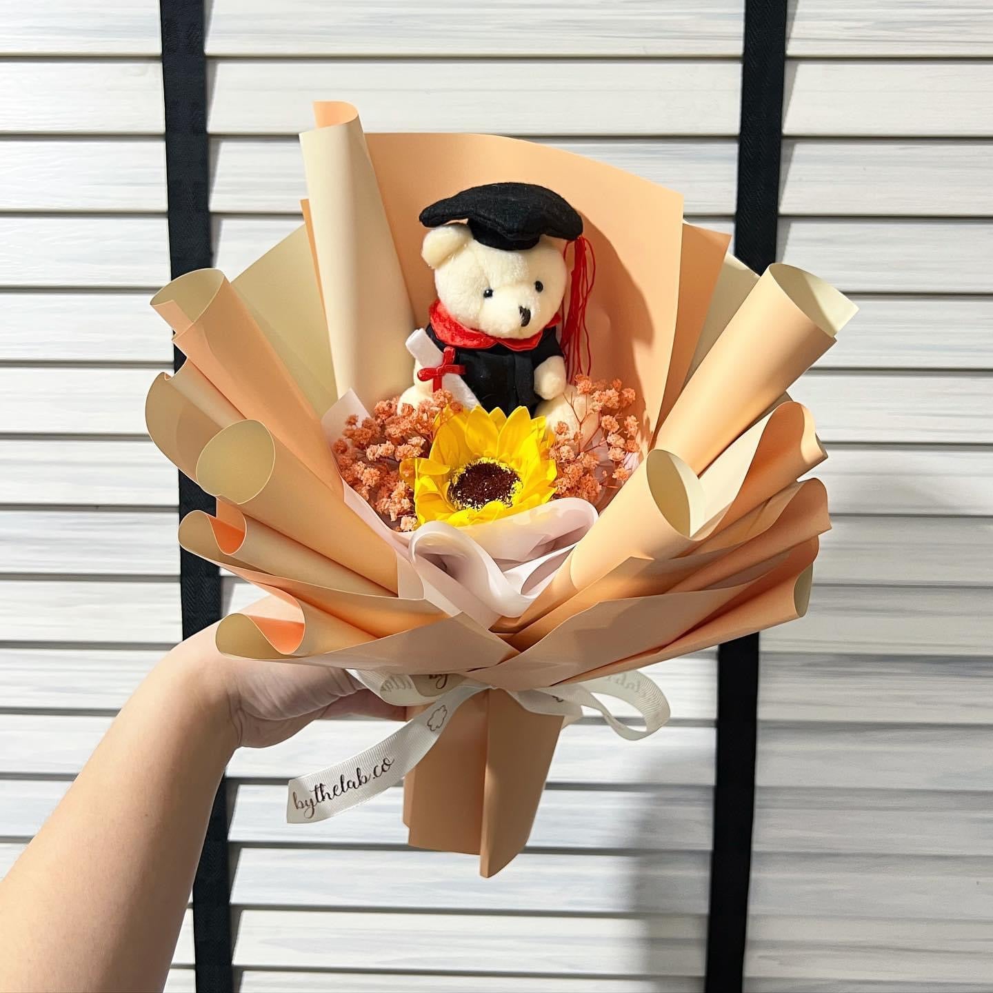 Graduation Bear with Single Stalk Soap Sunflower Bouquet