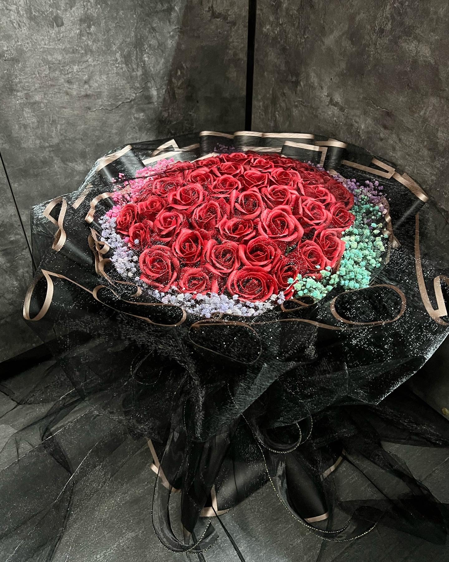 52 Stalks Red Soap Roses with Preserved Baby breath in Dreamy black
