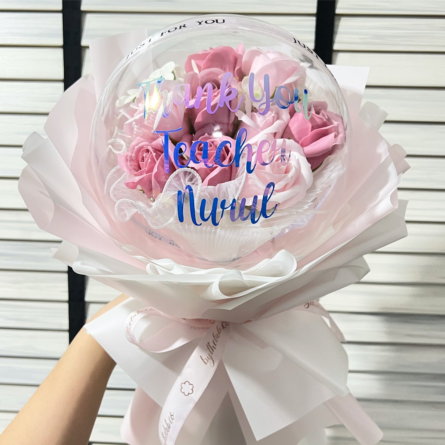 Acrylic Ball Bouquet with 9 Stalks Soap Roses - Pink Mix