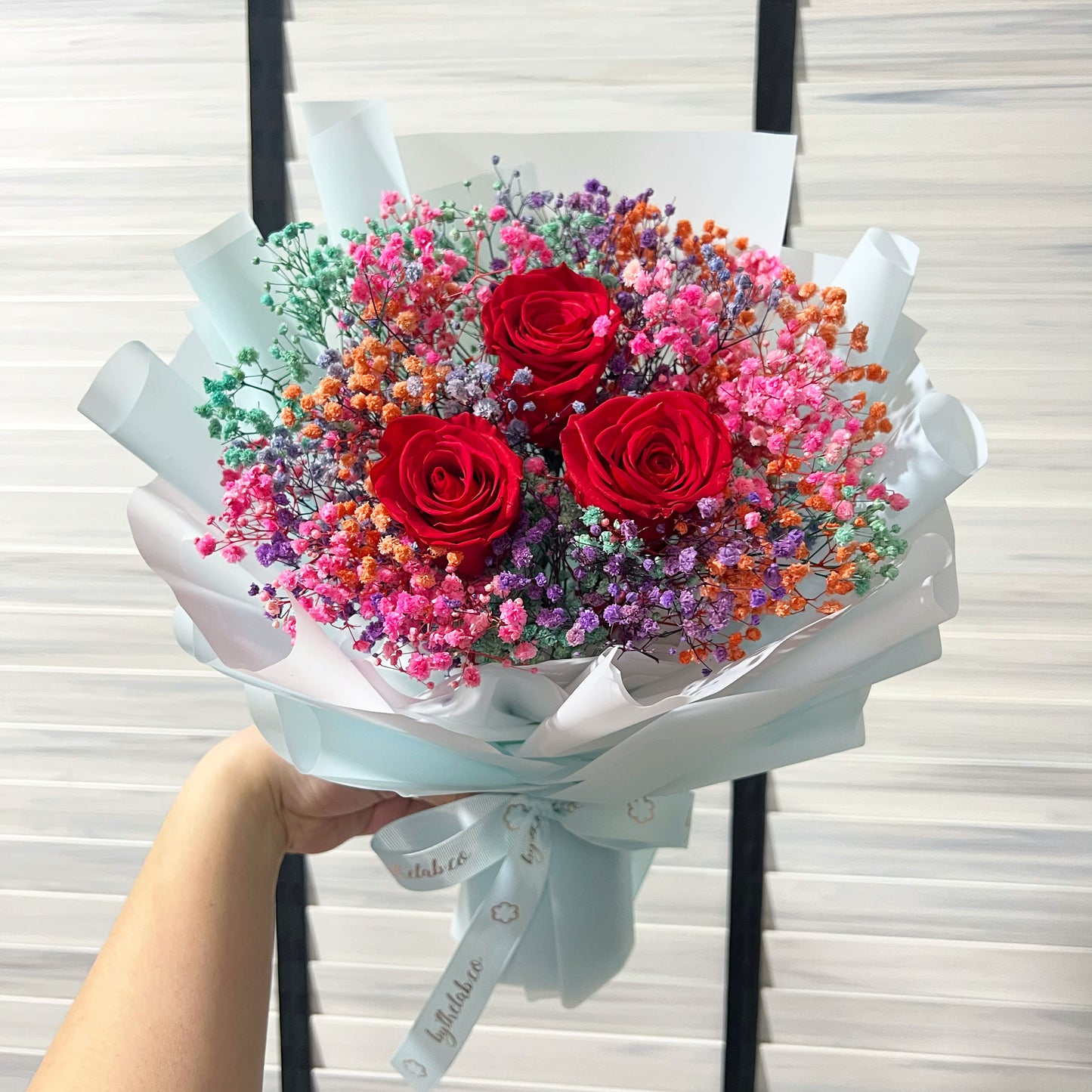 3 Stalks Preserved Roses with Babybreath Bouquet - Red Roses (Blue Wrap)