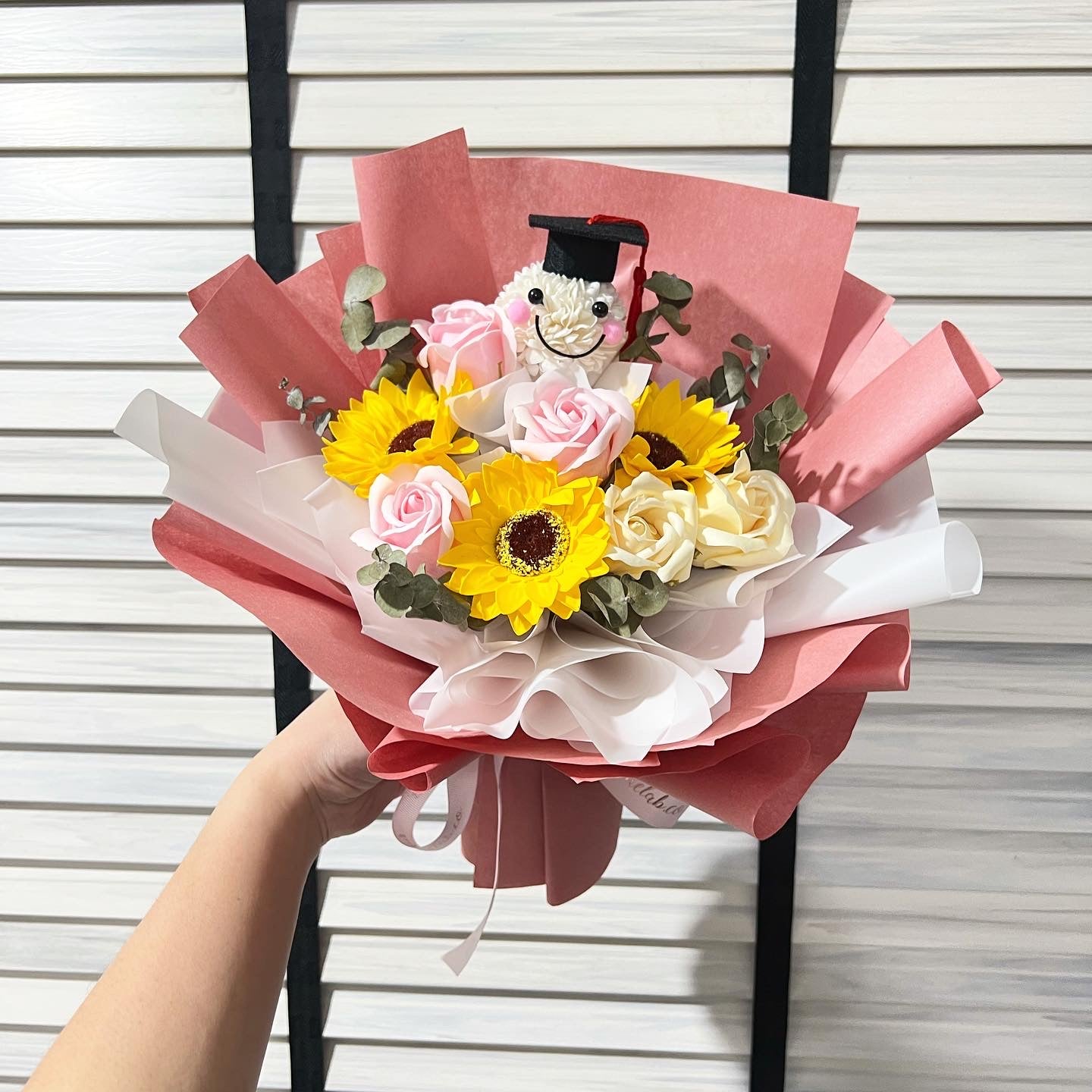 Graduation Character with Soap Sunflower and Roses Bouquet - Kraft Peach Pink