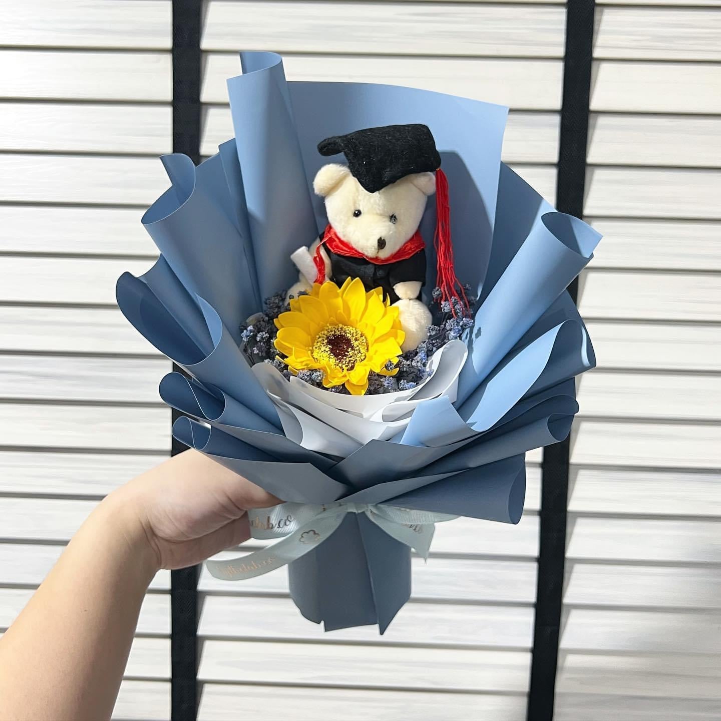 Graduation Bear with Single Stalk Soap Sunflower Bouquet