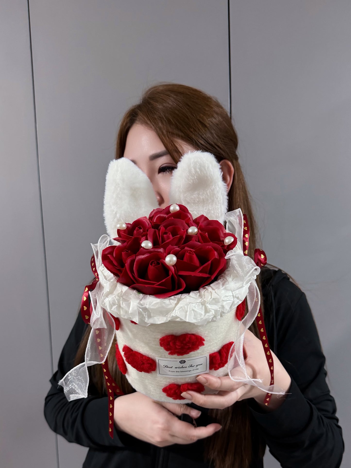 Bunny Ribbon Soap Roses Box in Pearly Red