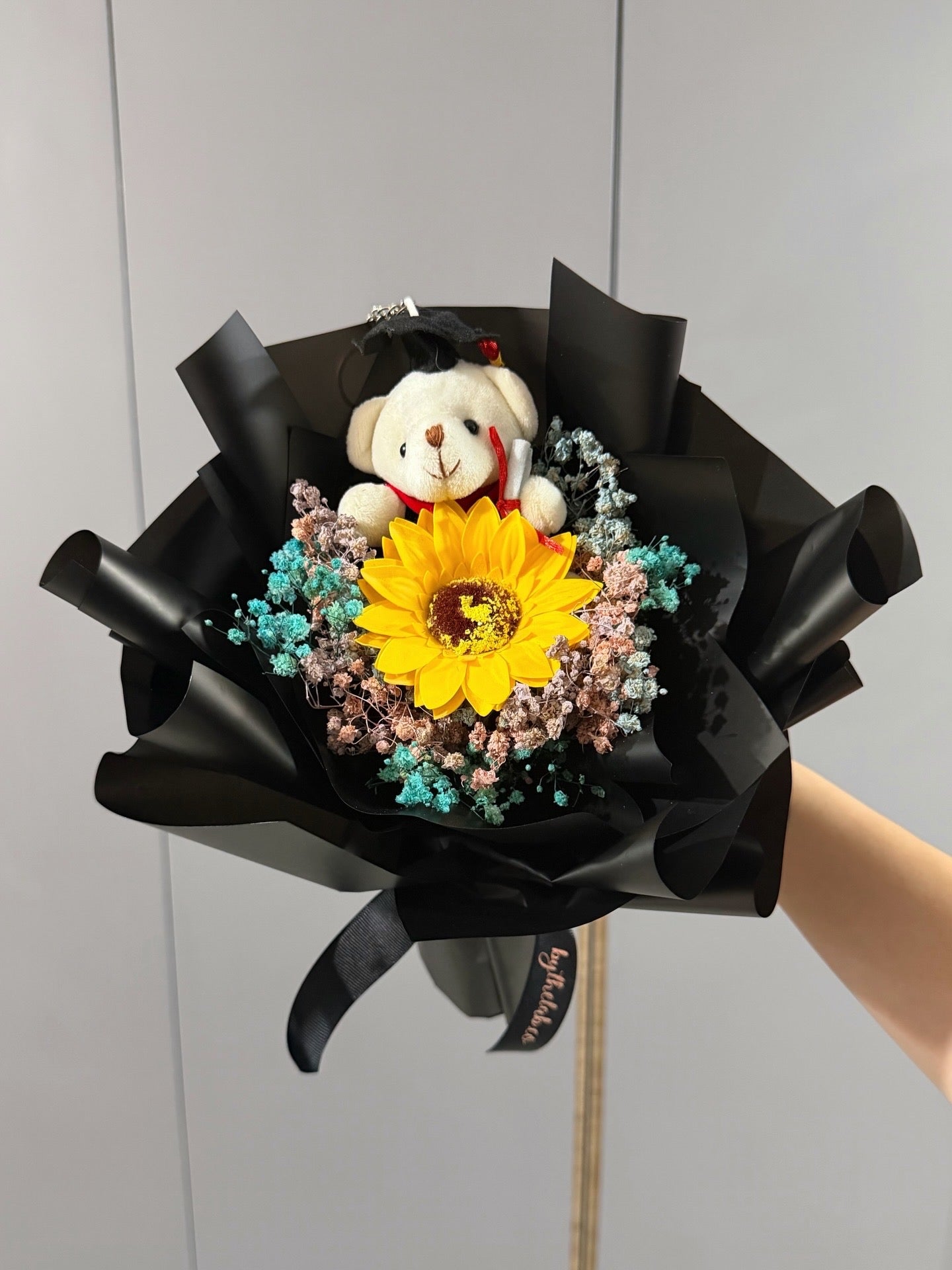 PROMO : Graduation Bear Single Stalk Soap Sunflower Bouquet with Dried Babybreath