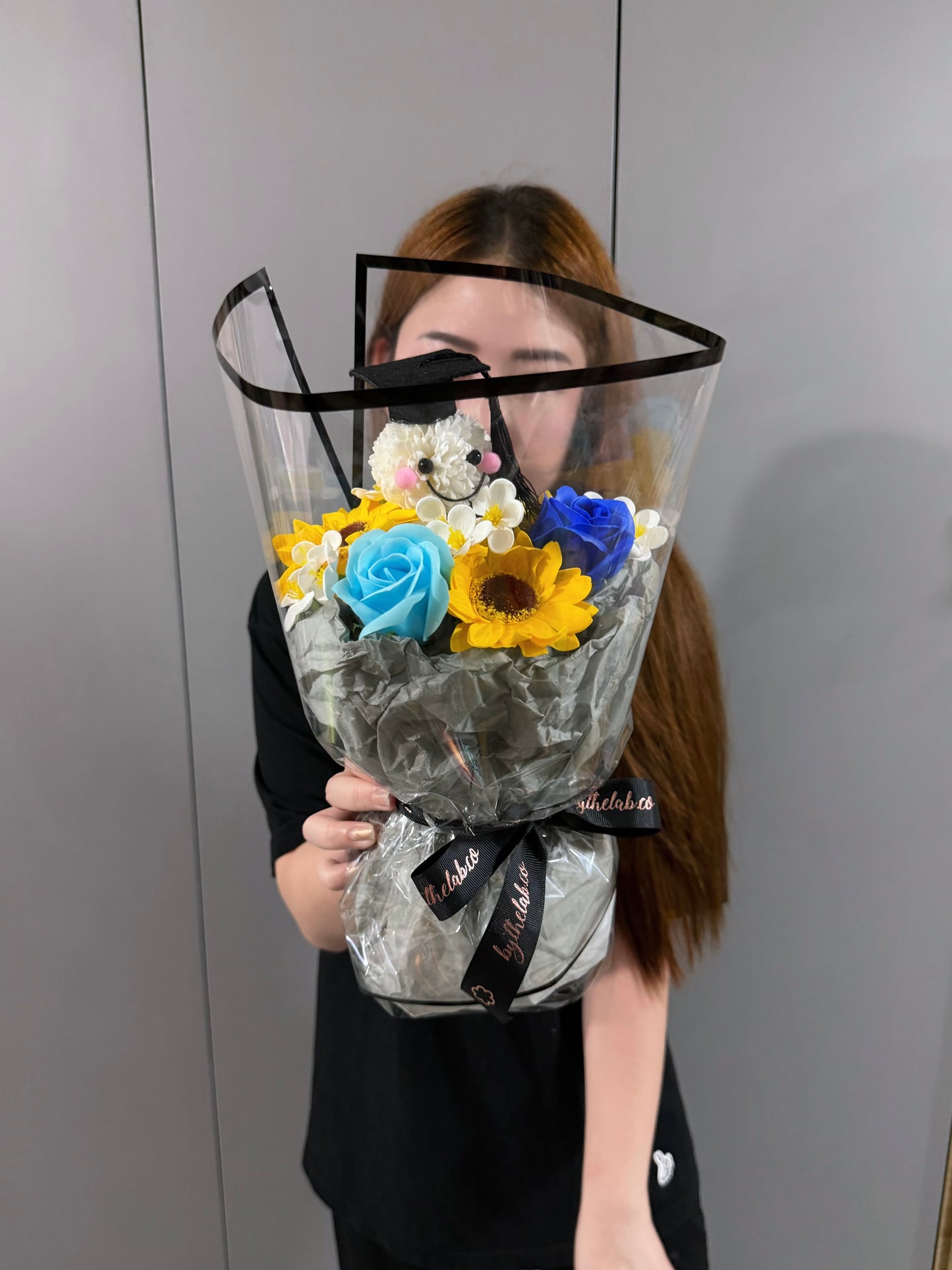 PROMO : Graduation Character in Dainty Puffy Soap Sunflower and Roses Bouquet