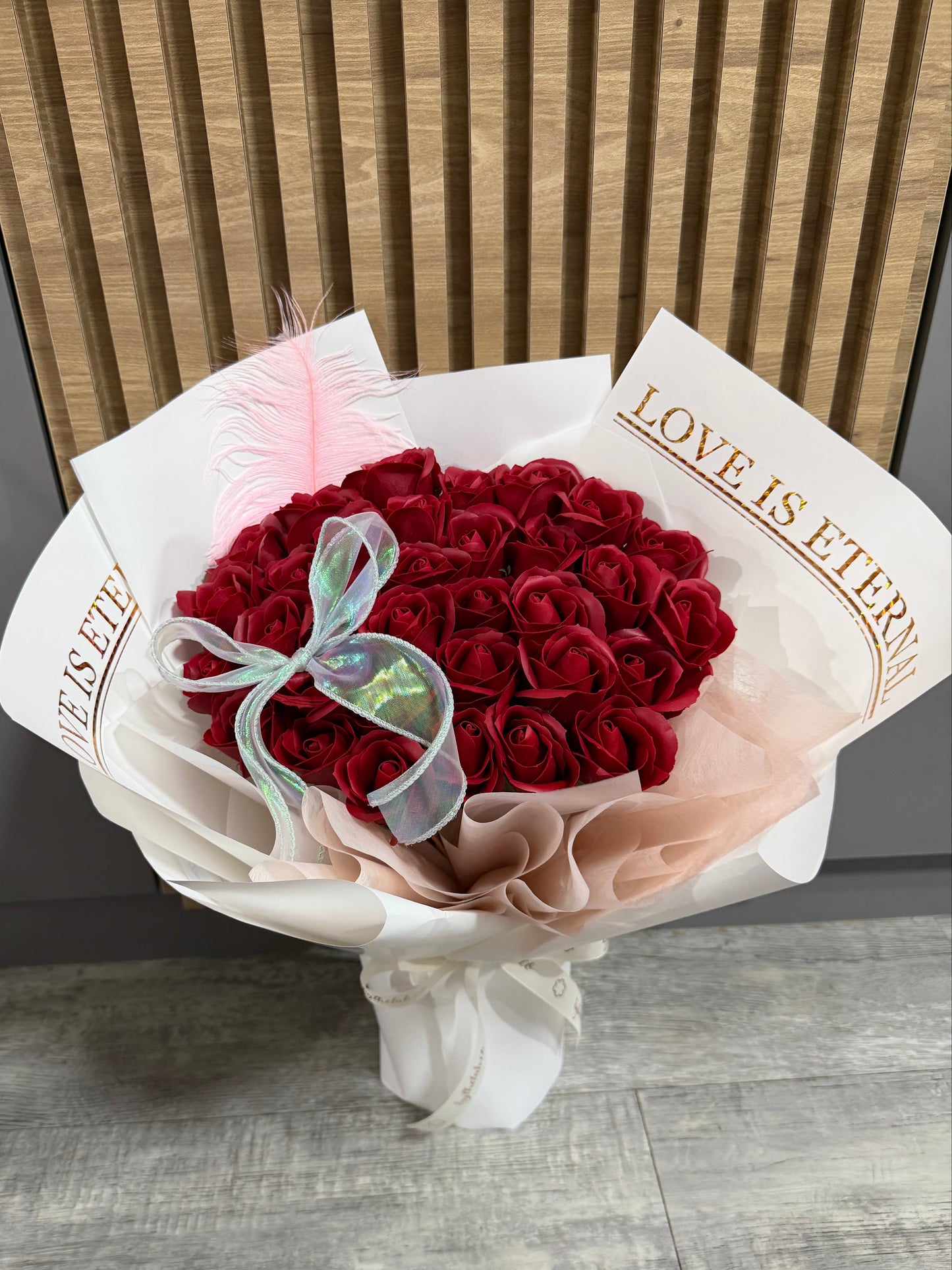 Feathery Love is Eternal 33 Stalks Red Soap Roses Bouquet in White