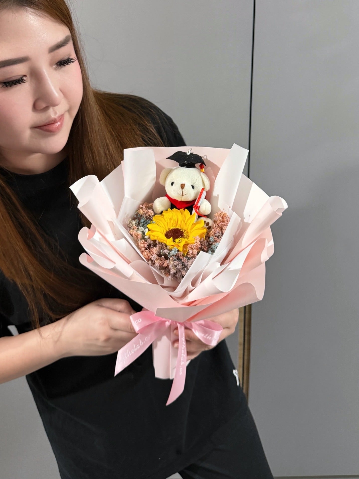 PROMO : Graduation Bear Single Stalk Soap Sunflower Bouquet with Dried Babybreath
