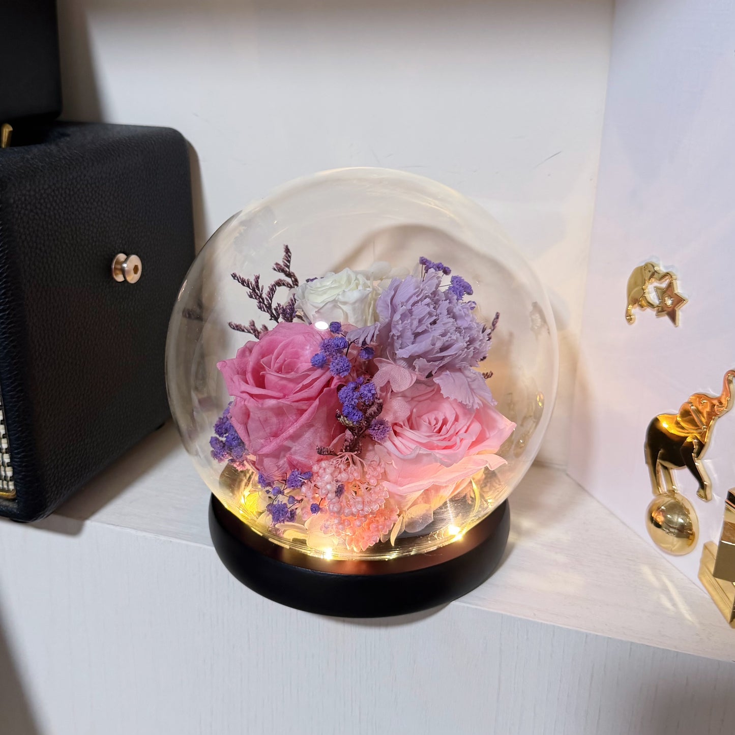 Preserved Roses & Carnation Glass Dome - Pink Purple