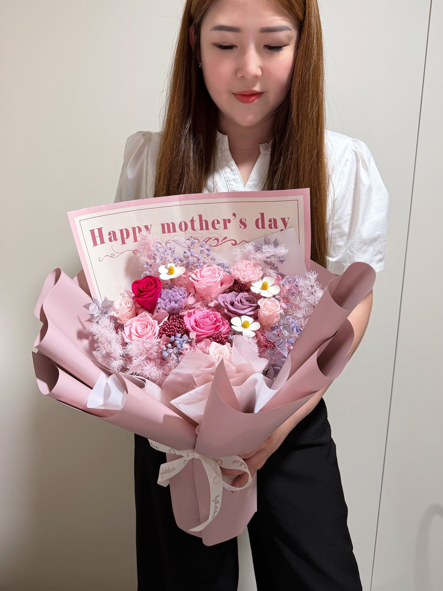 Large Preserved Roses & Carnation Flower Bouquet - Happy Mother's Day