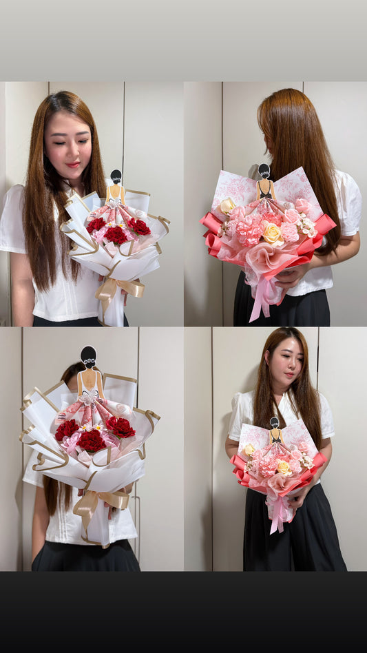 (Avail! Whatsapp To Order) Enchanted Gown Money Cash Bouquet with Carnation and Roses Soap Flowers!