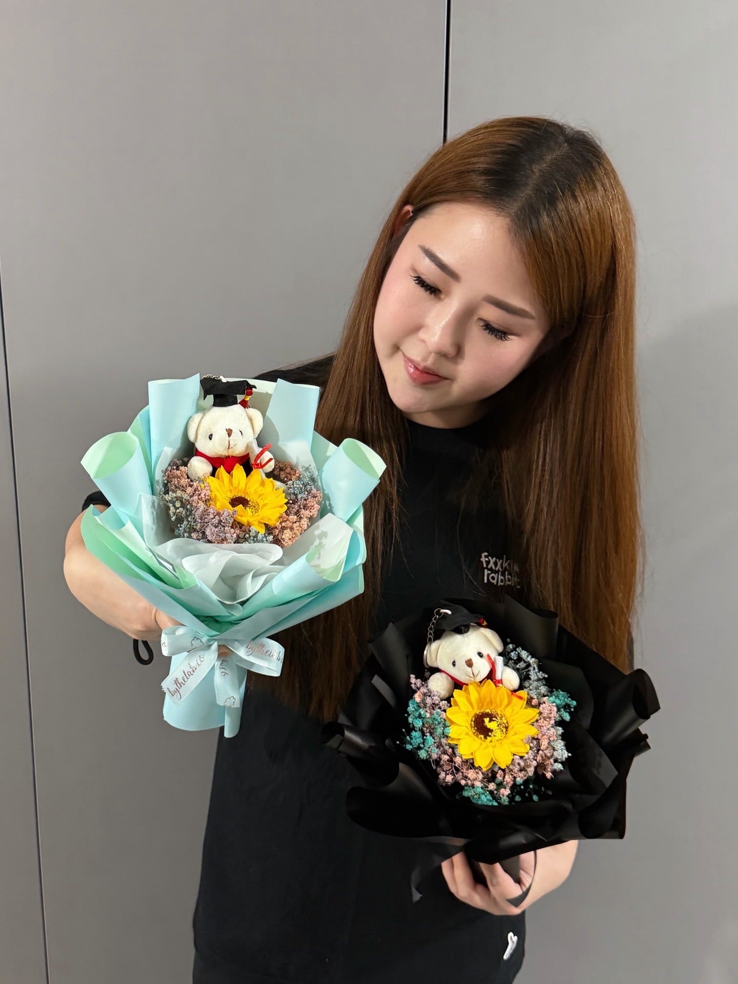 PROMO : Graduation Bear Single Stalk Soap Sunflower Bouquet with Dried Babybreath