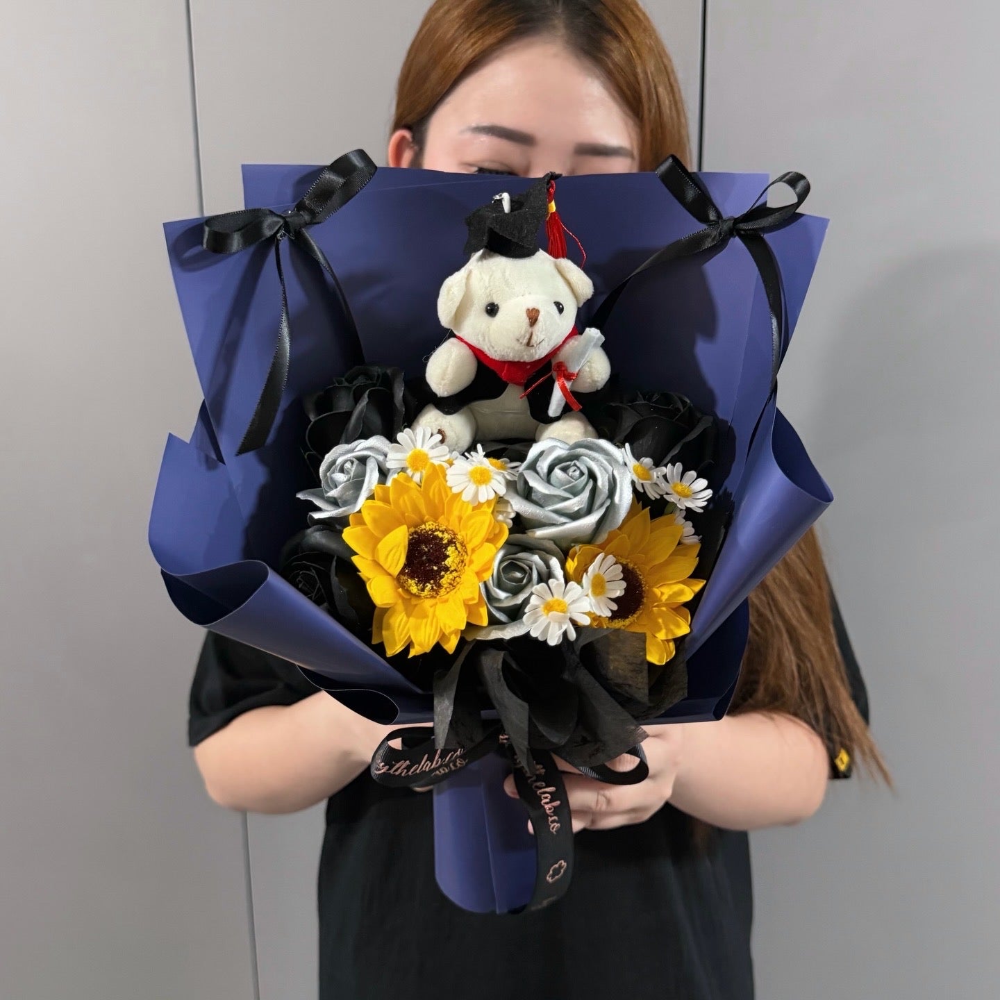 PROMO : Small Graduation Bear Soap Sunflower and Roses Bouquet