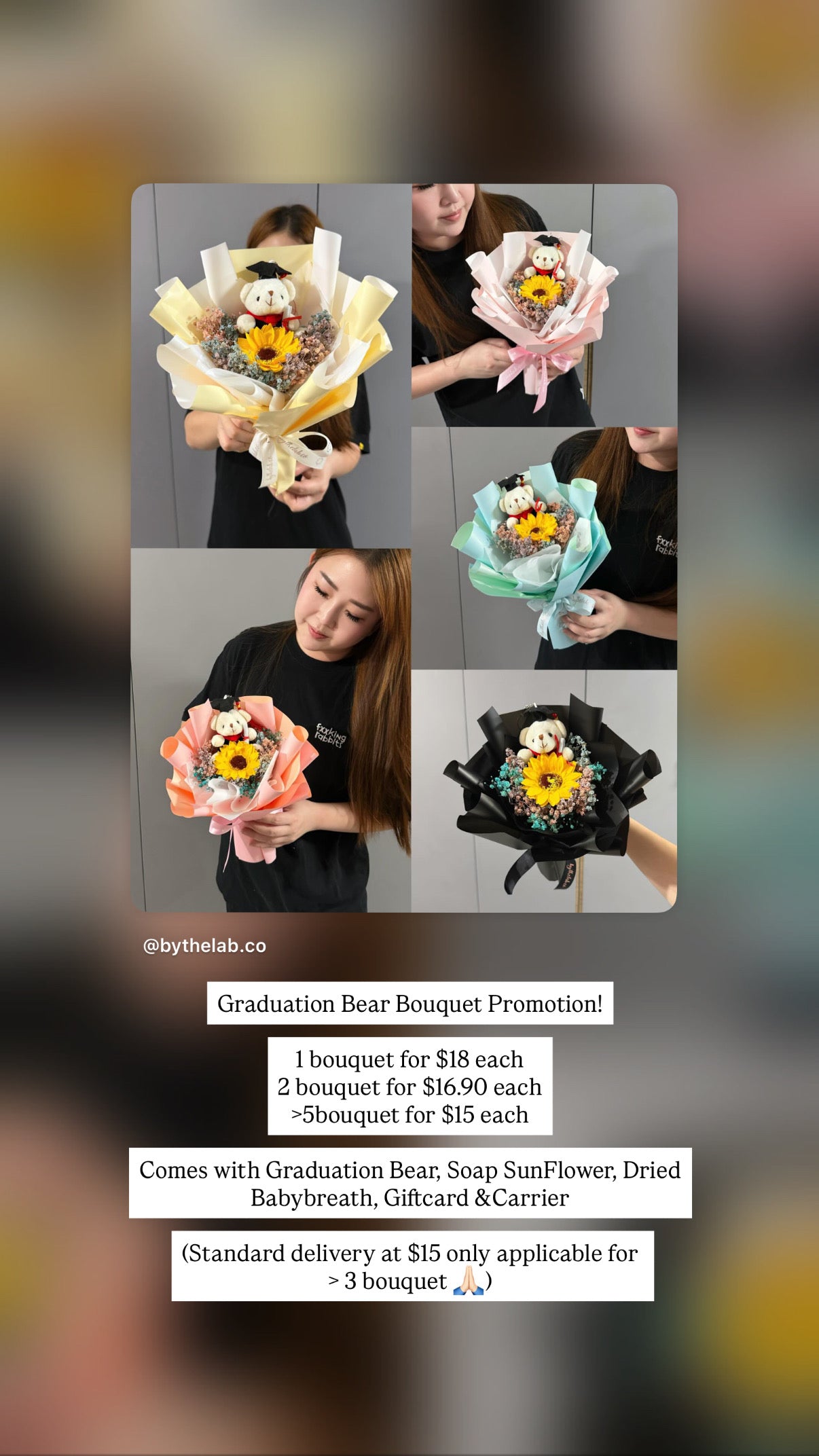 PROMO : Graduation Bear Single Stalk Soap Sunflower Bouquet with Dried Babybreath