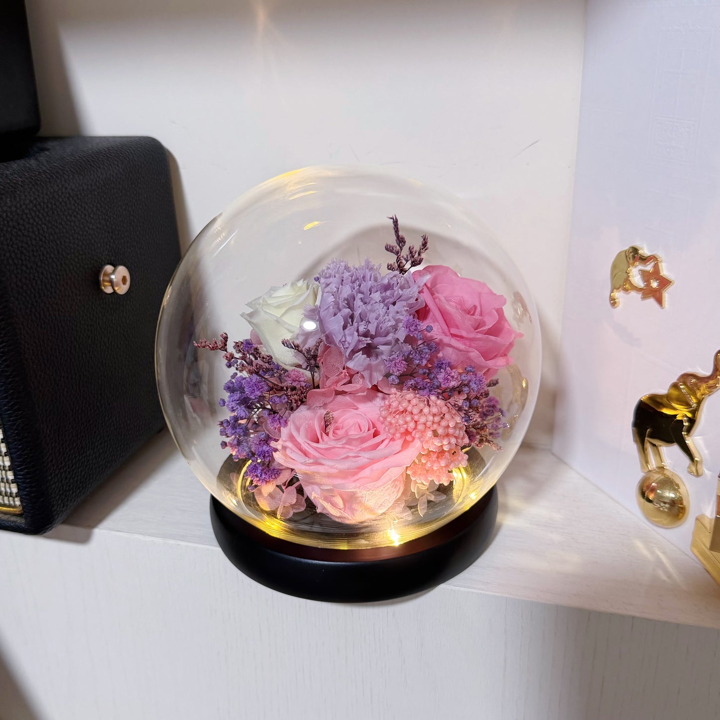 Preserved Roses & Carnation Glass Dome - Pink Purple