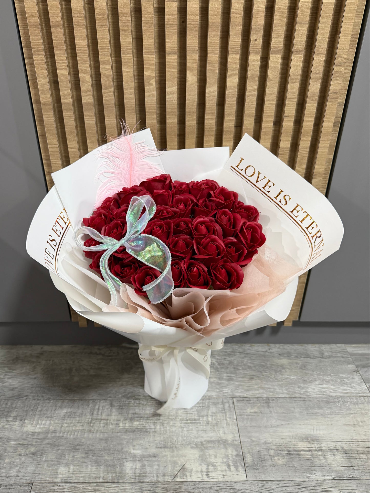 Feathery Love is Eternal 33 Stalks Red Soap Roses Bouquet in White
