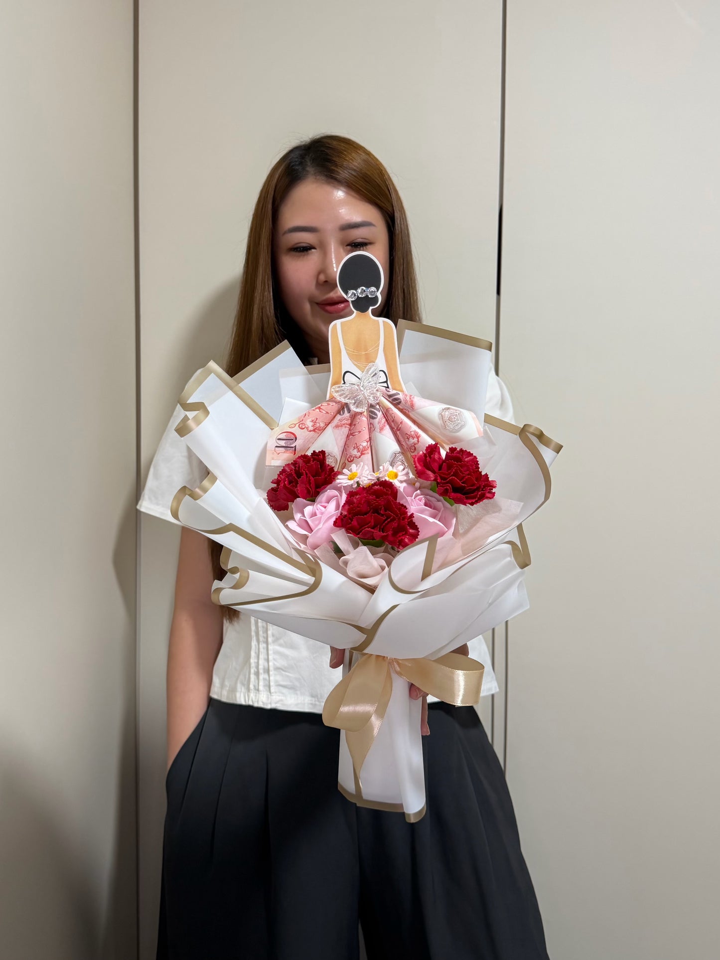 (Avail! Whatsapp To Order) Enchanted Gown Money Cash Bouquet with Carnation and Roses Soap Flowers!