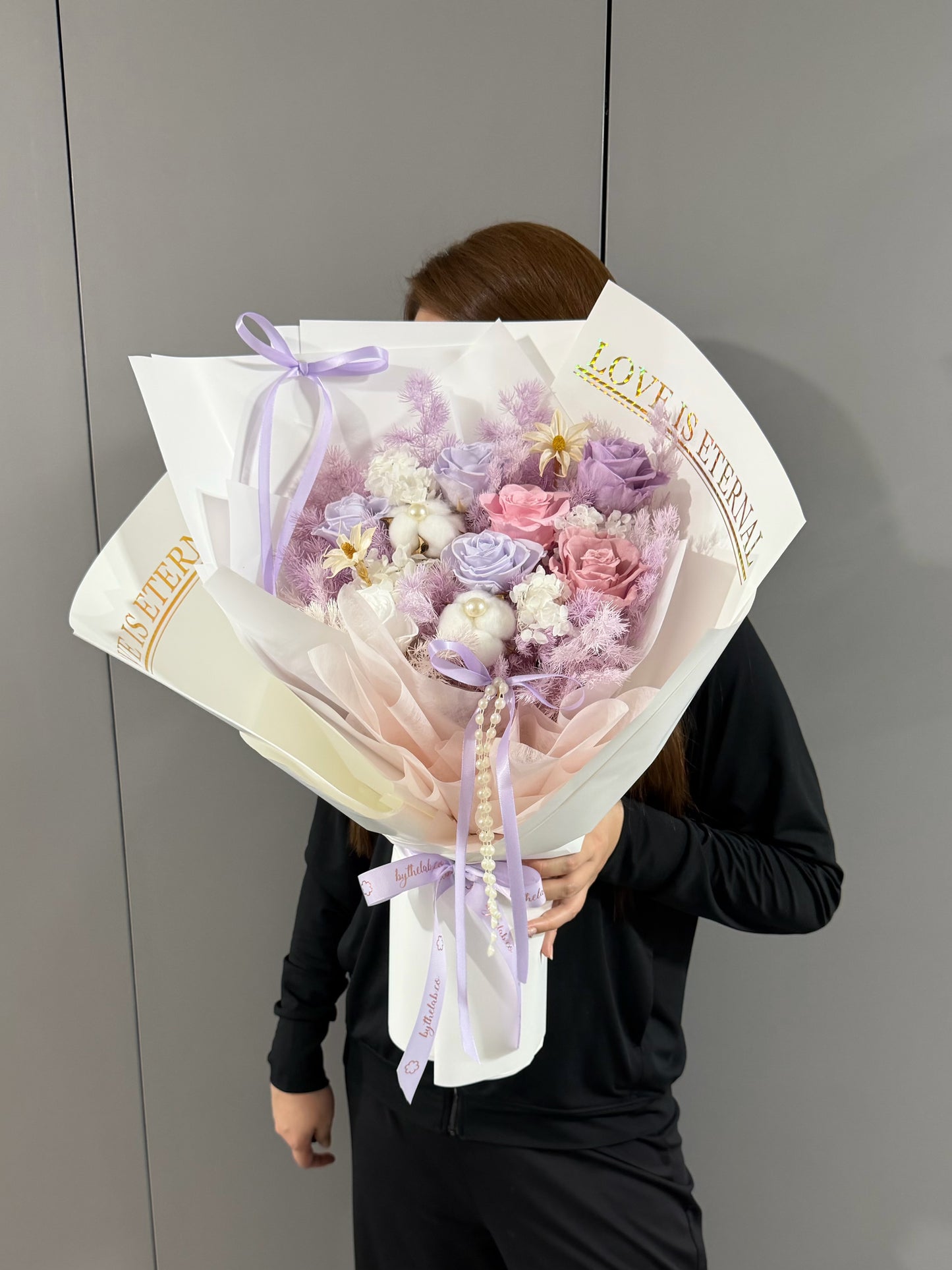 Love is Eternal Purple Ribbon - Large Preserved Roses Bouquet