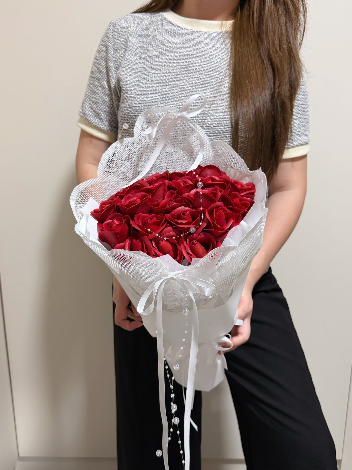 Lace Ribbons Red Soap Roses Bouquet