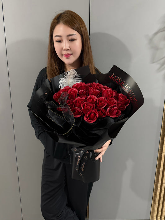 Feathery Love is Eternal 33 Stalks Red Soap Roses Bouquet in Black