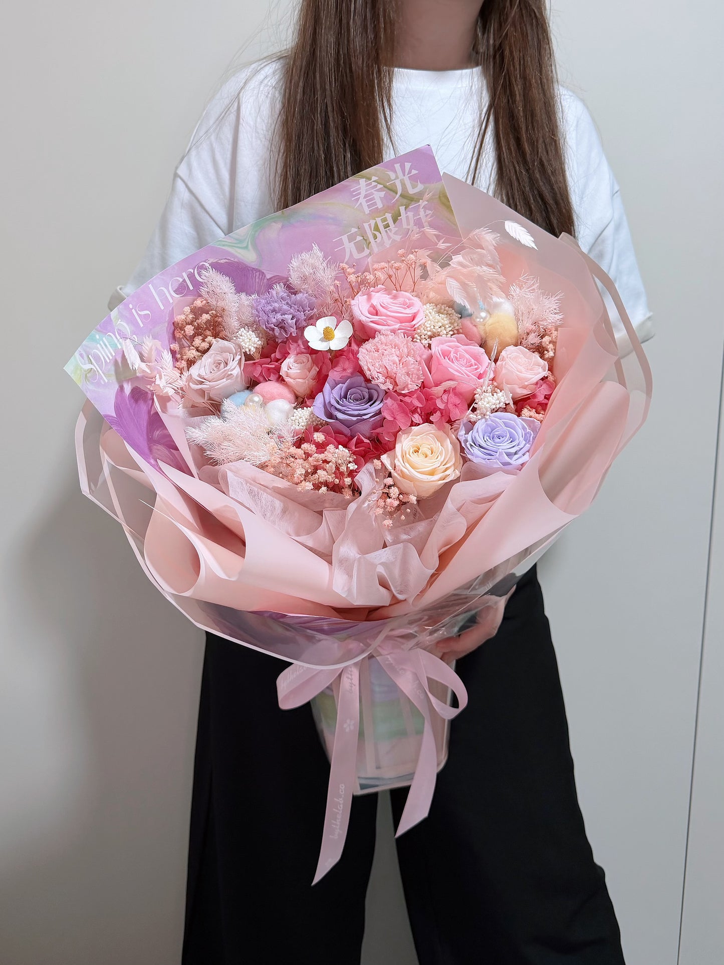 Large Preserved Roses & Carnation Flower Bouquet - Blossom Spring